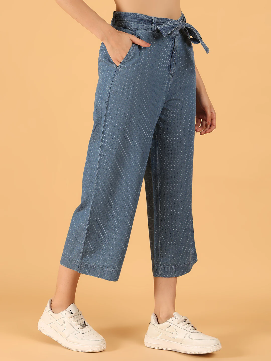Women Blue Polka Dot Cotton Wide-Leg Culottes - Image 2