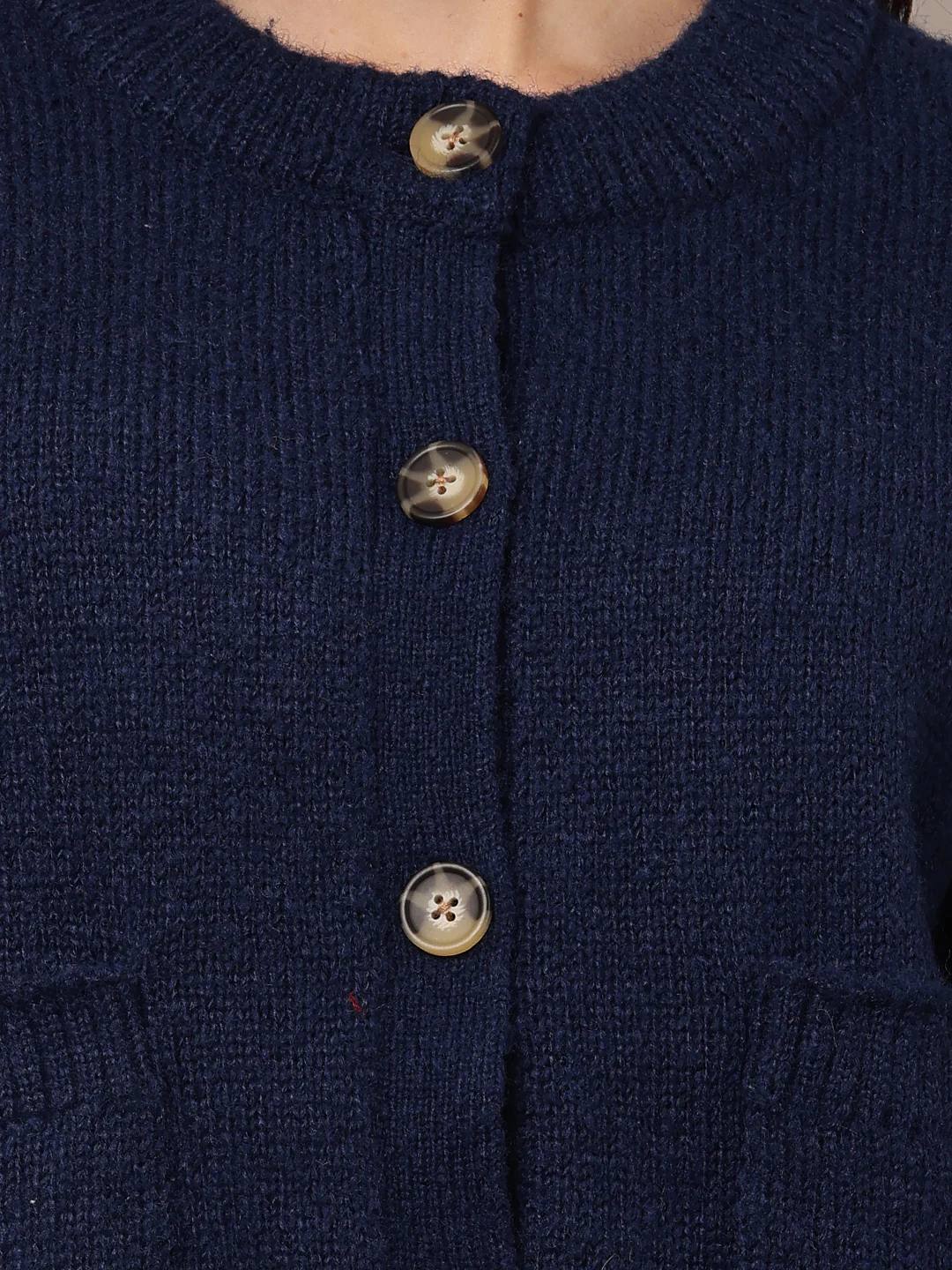Women Blue Polyester Round Neck Cardigan - Image 5