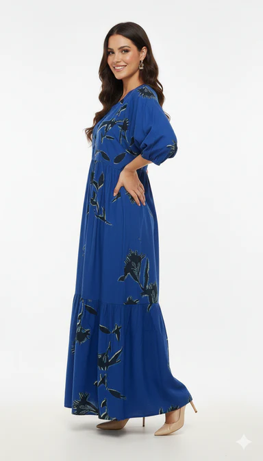 Women Blue Rayon Floral Print Maxi Dress - Image 4