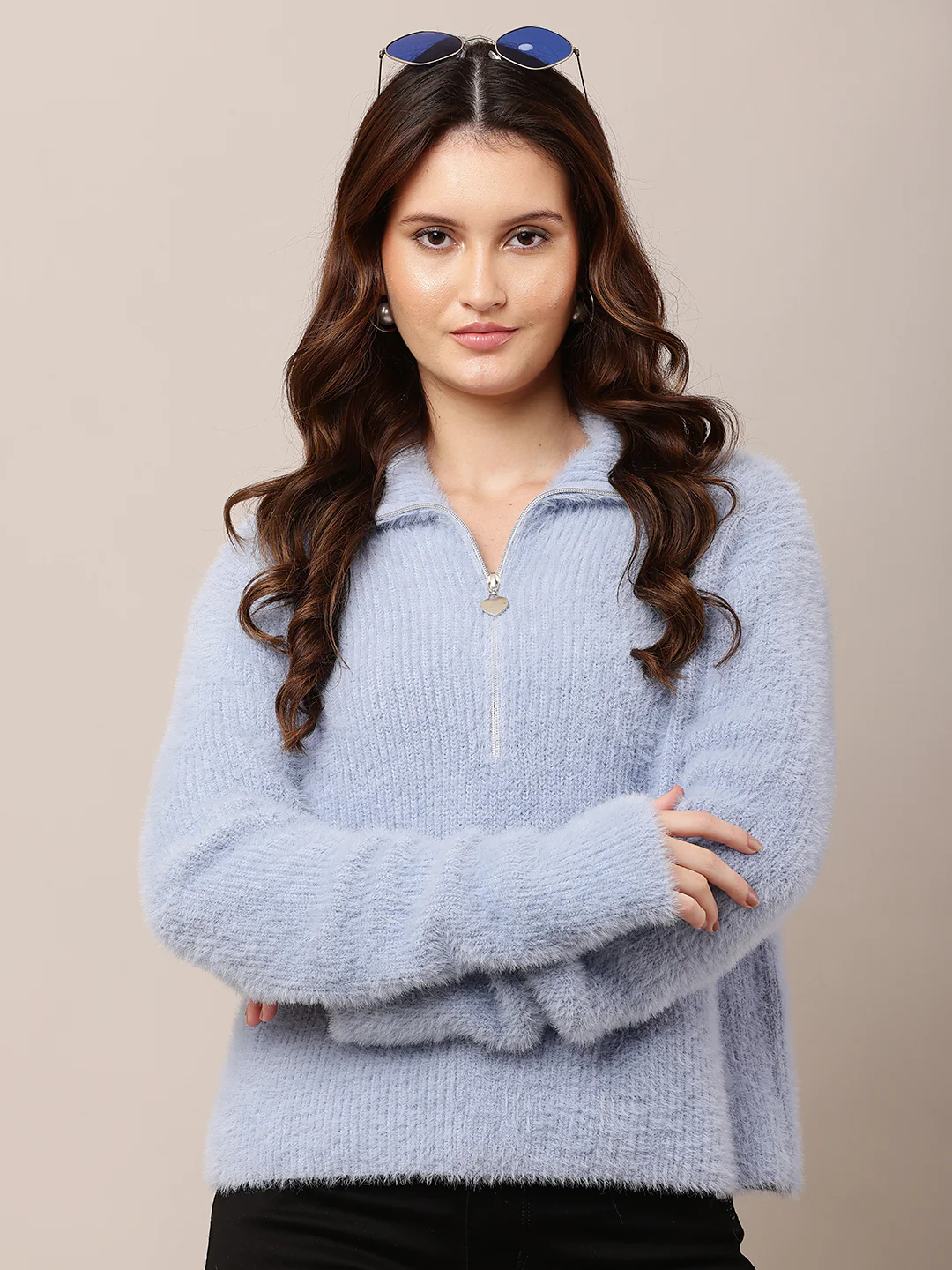 Women Blue Shirt Collar Full Sleeve Sweater