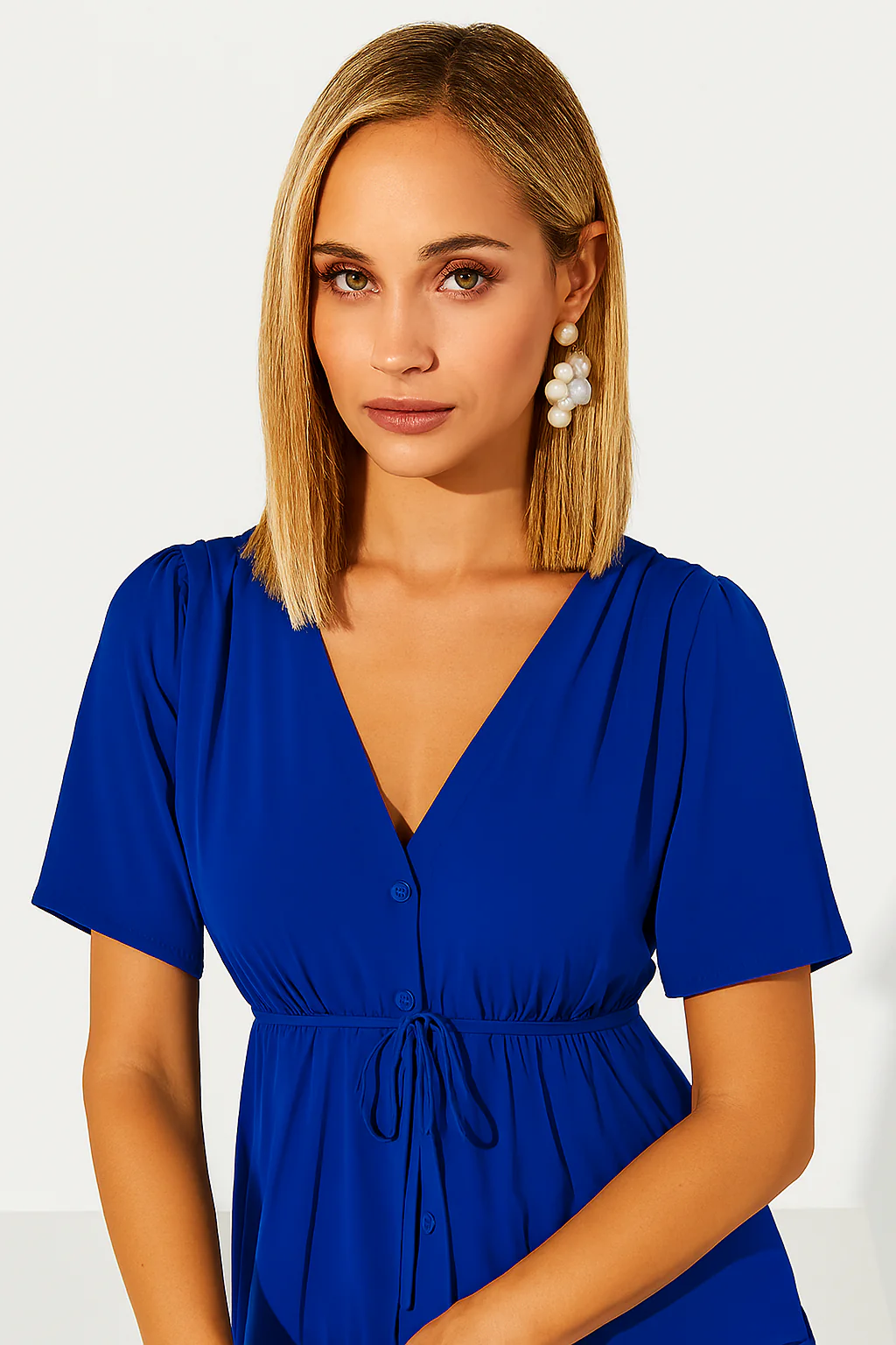 Women Blue Tiered Maxi Dress with Cinched Waist & Side Pockets - Image 3