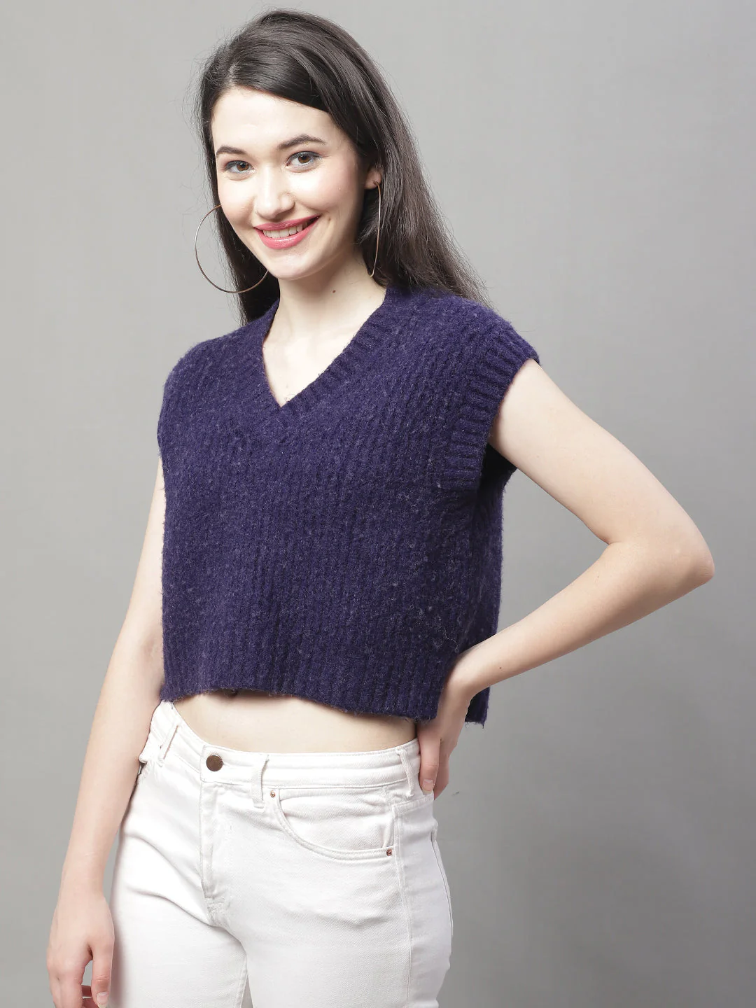 Women Blue V Neck Sweater - Image 3
