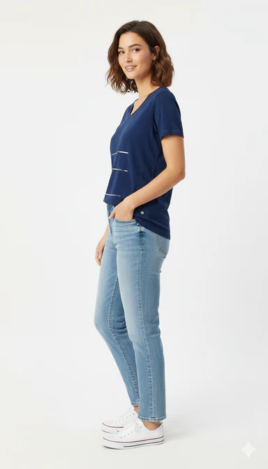 Women Blue V-Neck T-Shirt - Image 4