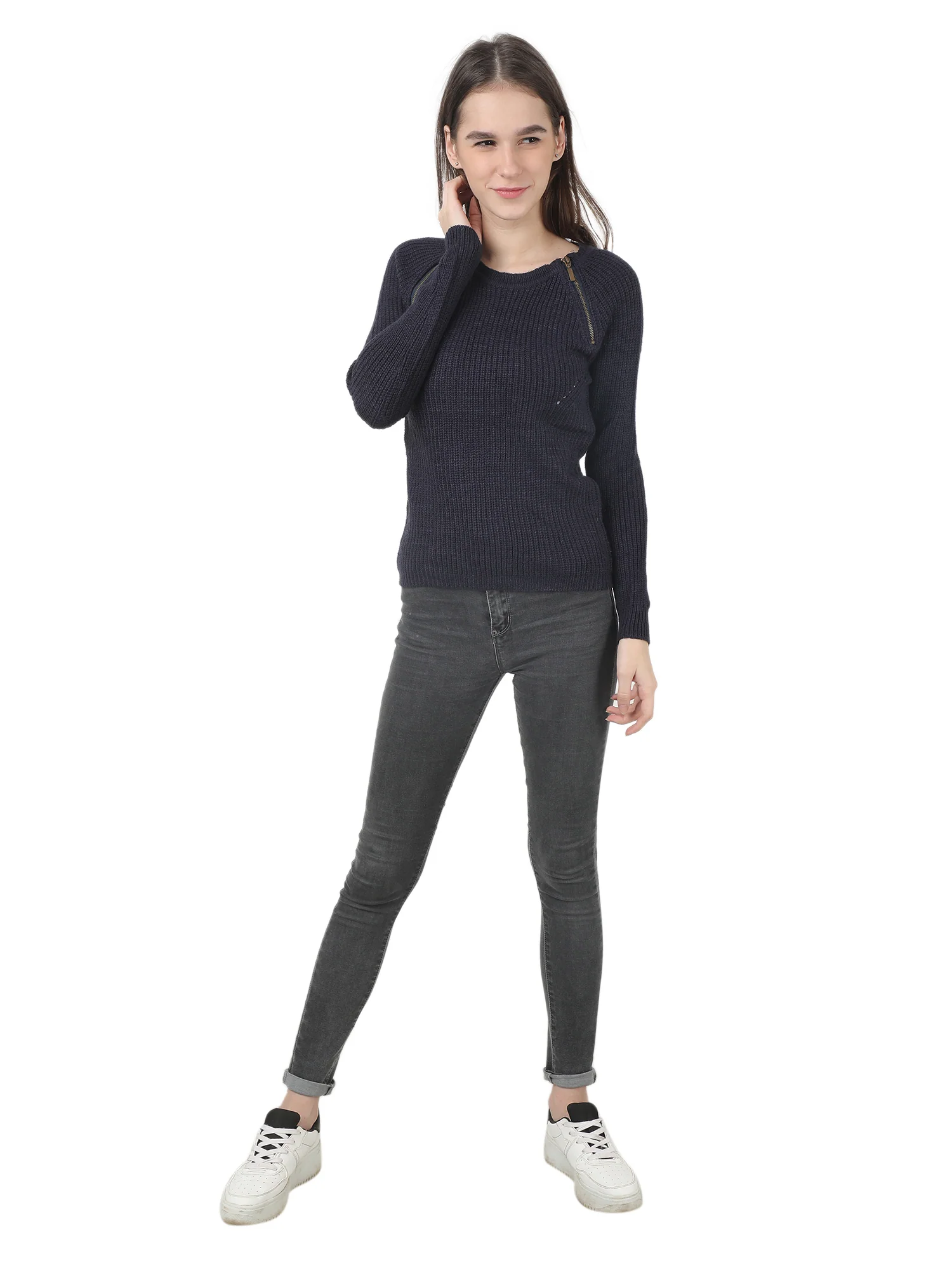 Women Blue Zip Sweater - Image 2
