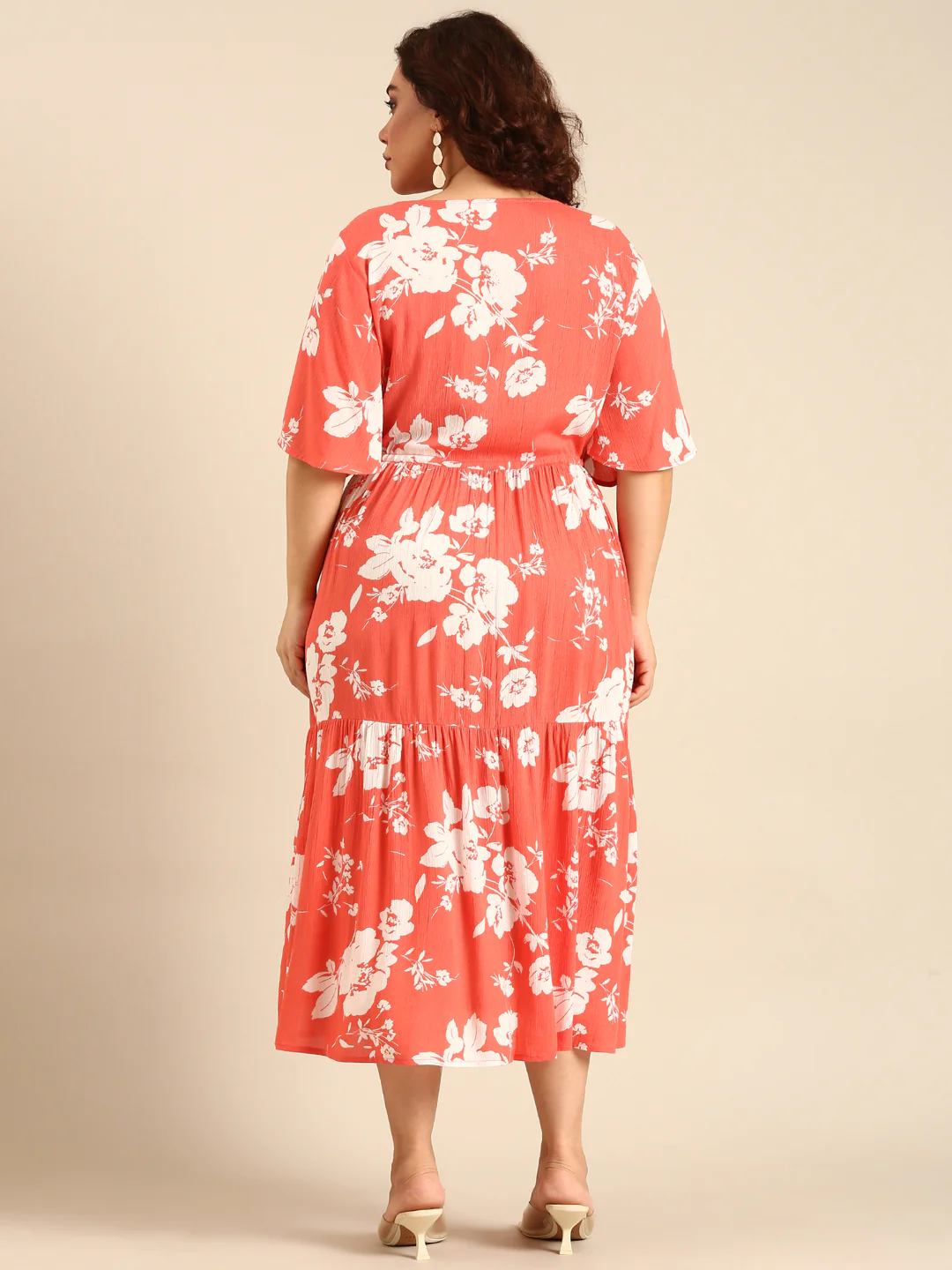 Women Boho Orange Floral Printed Dress with Waist Tie - Image 2