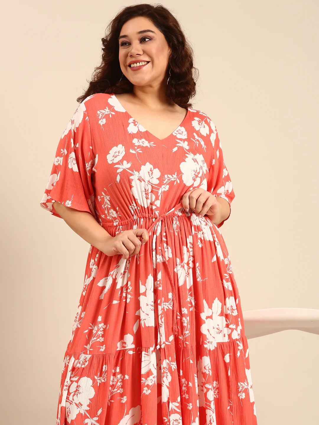Women Boho Orange Floral Printed Dress with Waist Tie - Image 3