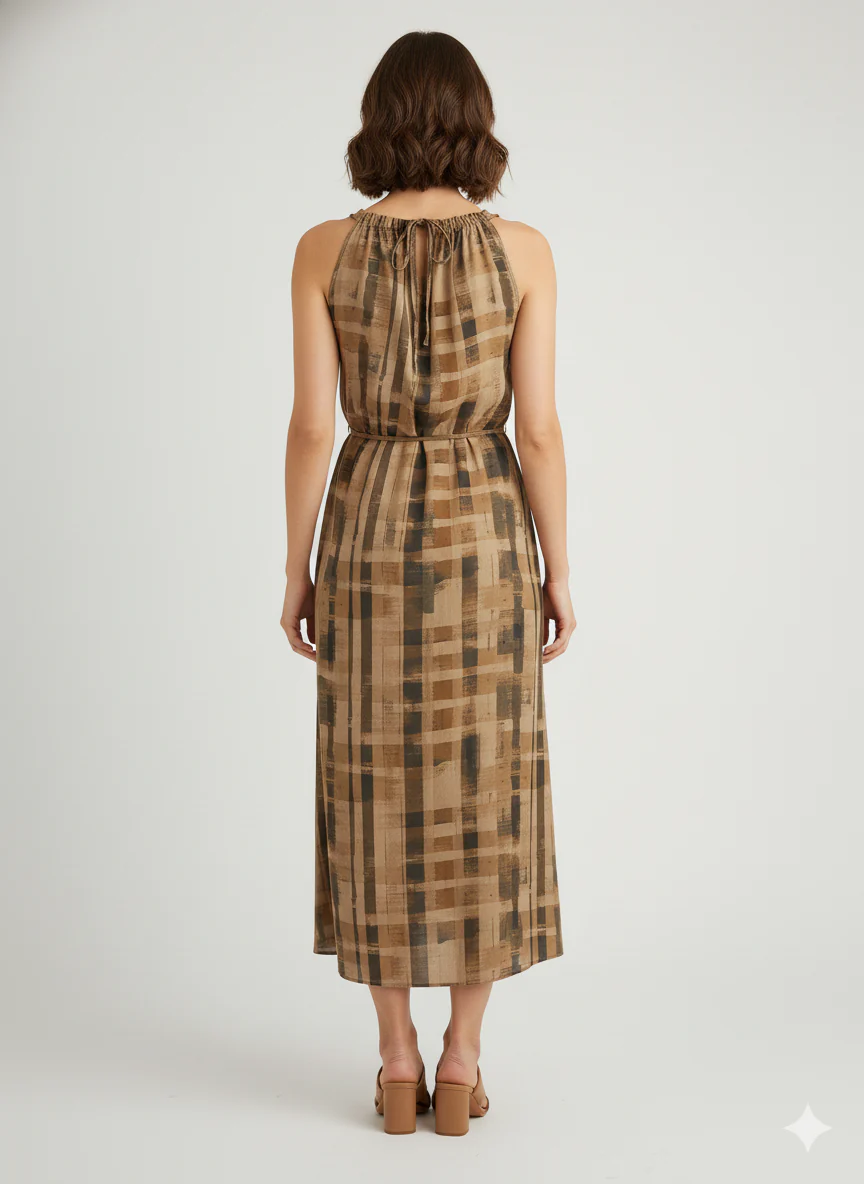 Women Brown Check Shoulder-Less Viscose Dress - Image 3