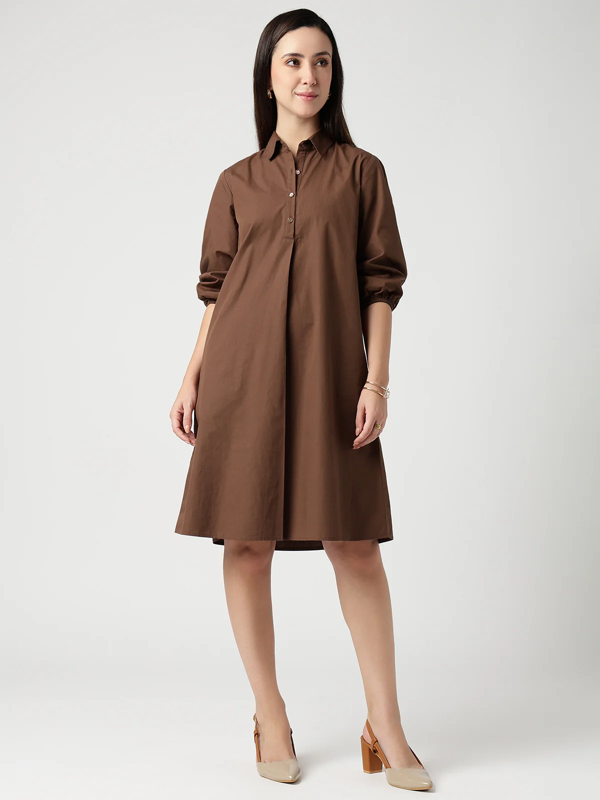 Women Brown Cotton Buttoned Shirt Dress