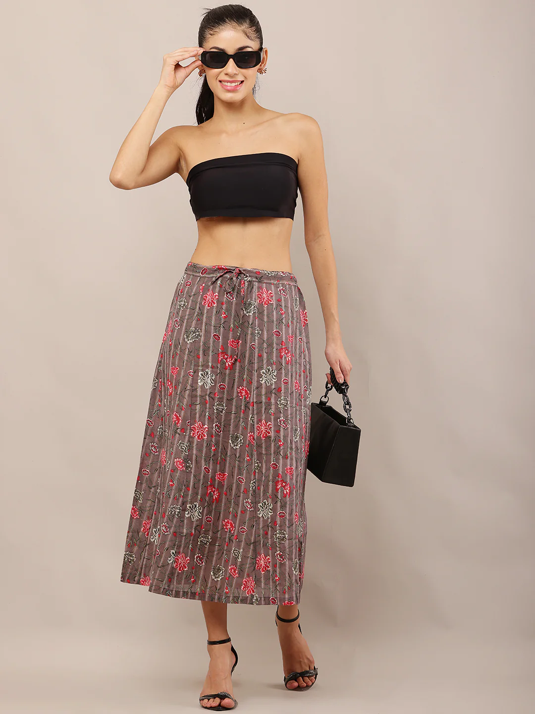 Women Brown Floral Cotton Skirt with Drawstring - Image 3