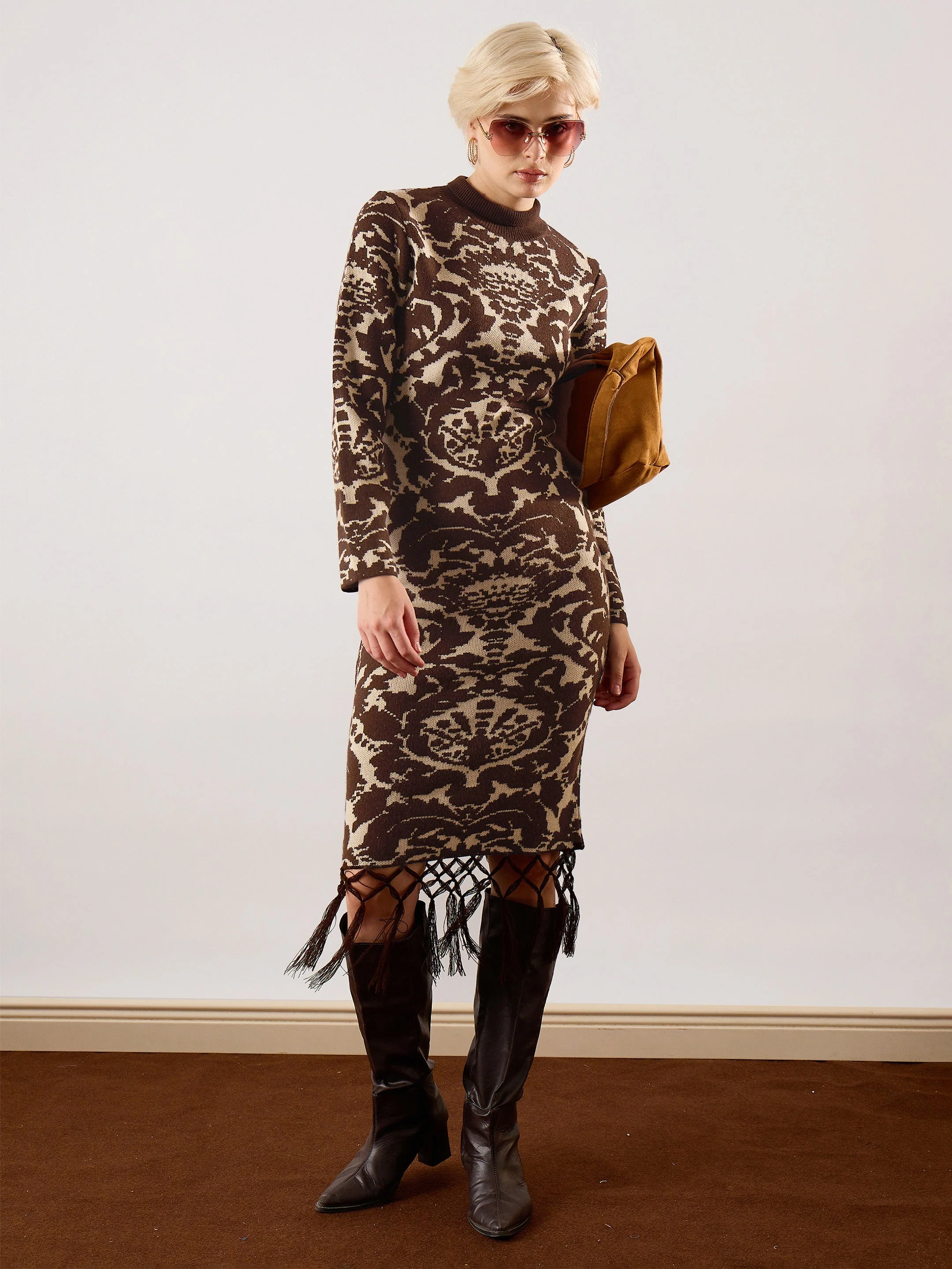 Women Brown Jaquard Acrylic Wool High Neck Hem Frindge Midi Dress