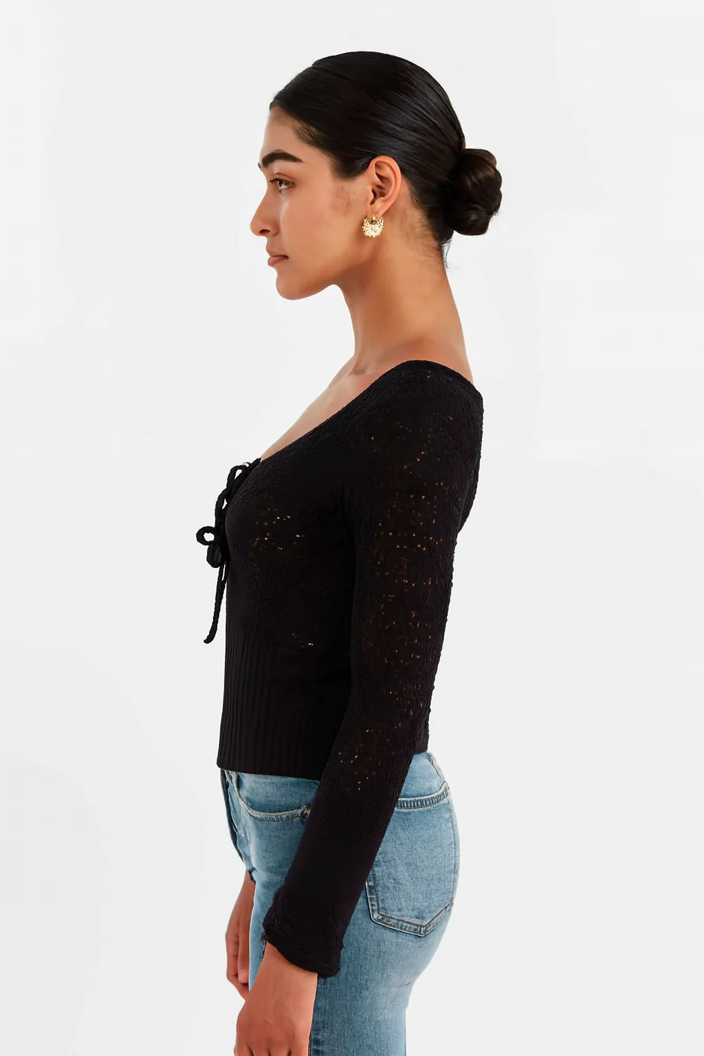 Women Black Knitted Tie-Front Sweater - Image 5