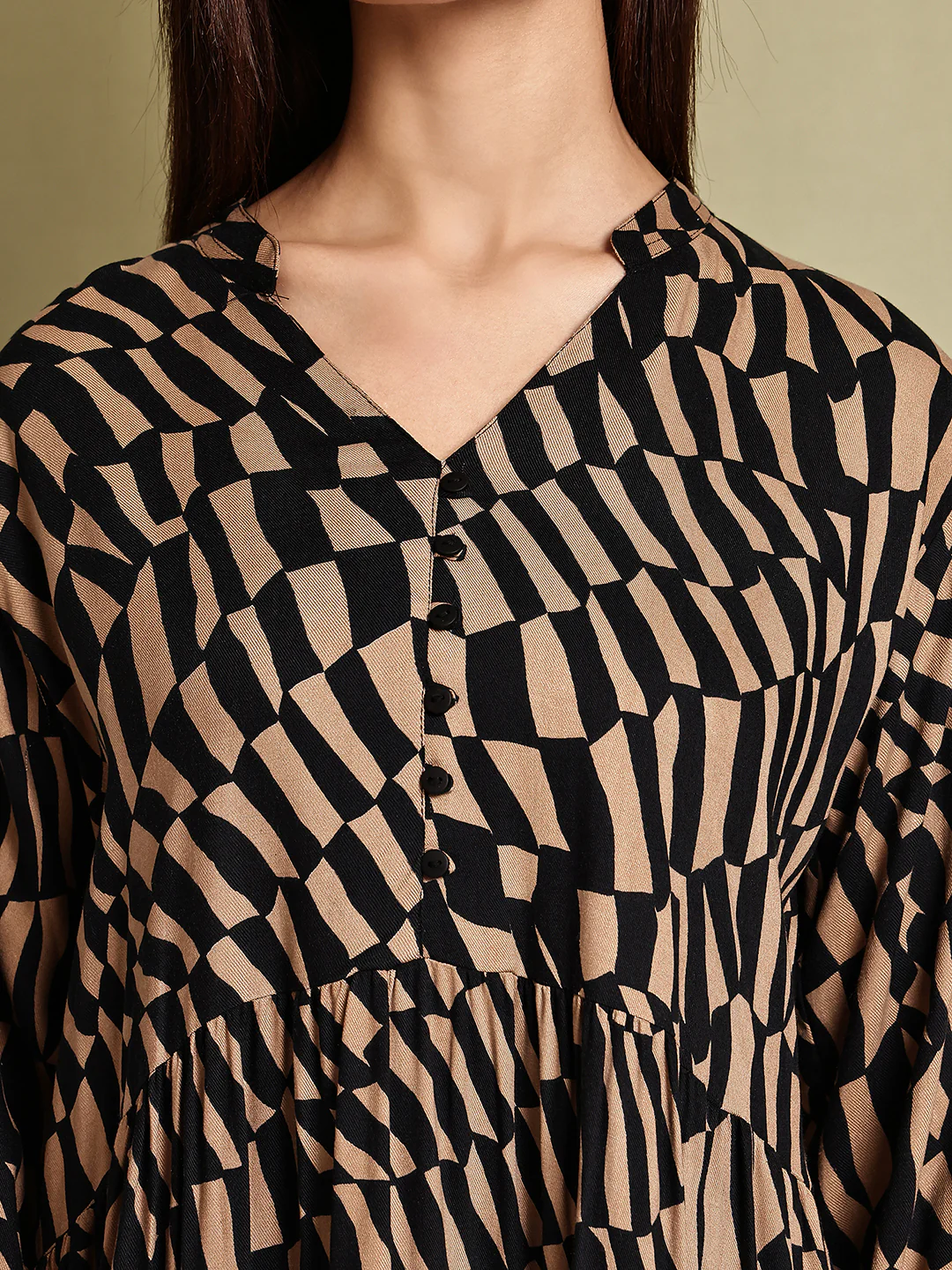 Women Brown Printed Cotton Tiered Midi Dress - Image 5