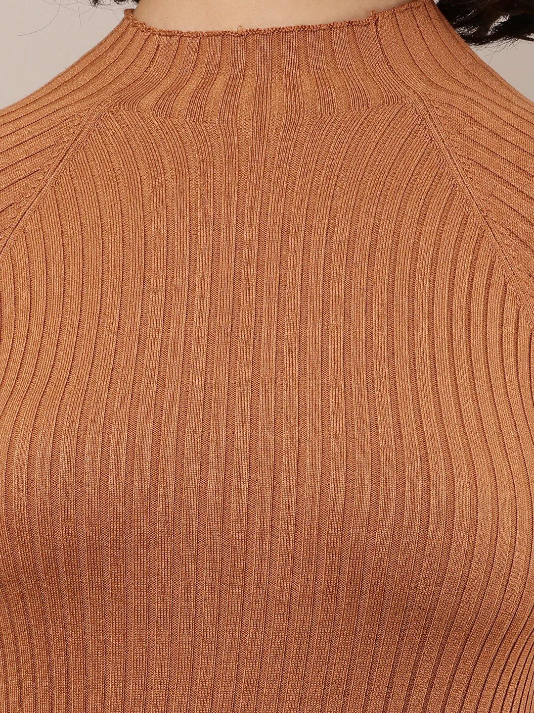 Women Brown Ribbed Bodycon Dress with Turtle Neck - Image 5