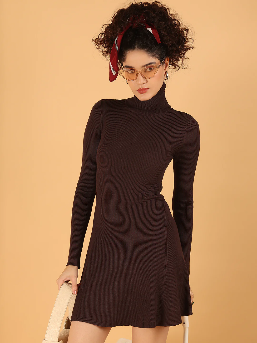 Women Brown Ribbed Bodycon Mini Dress - Image 2