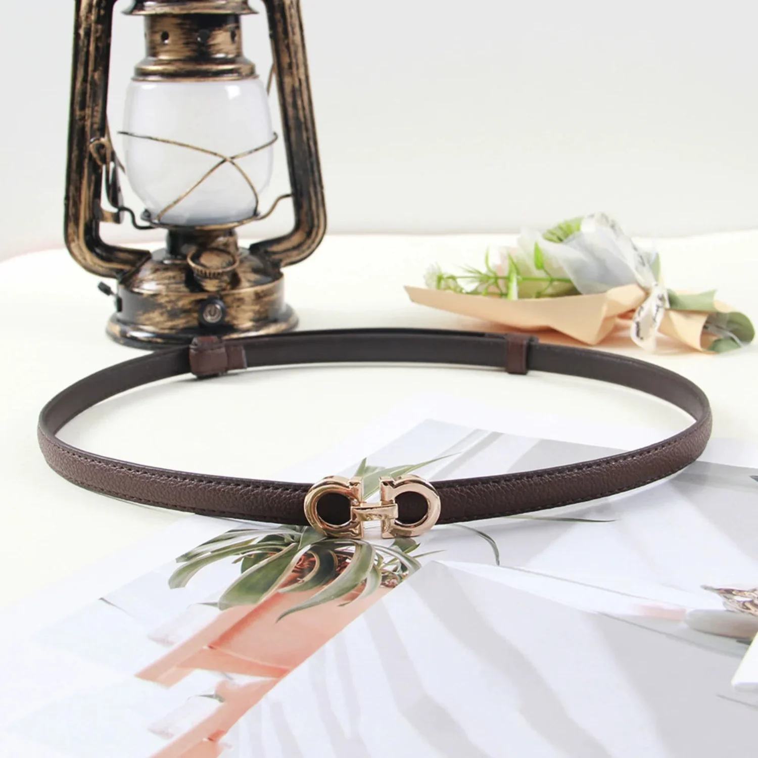 Women Brown Slim Gancini Buckle Belt