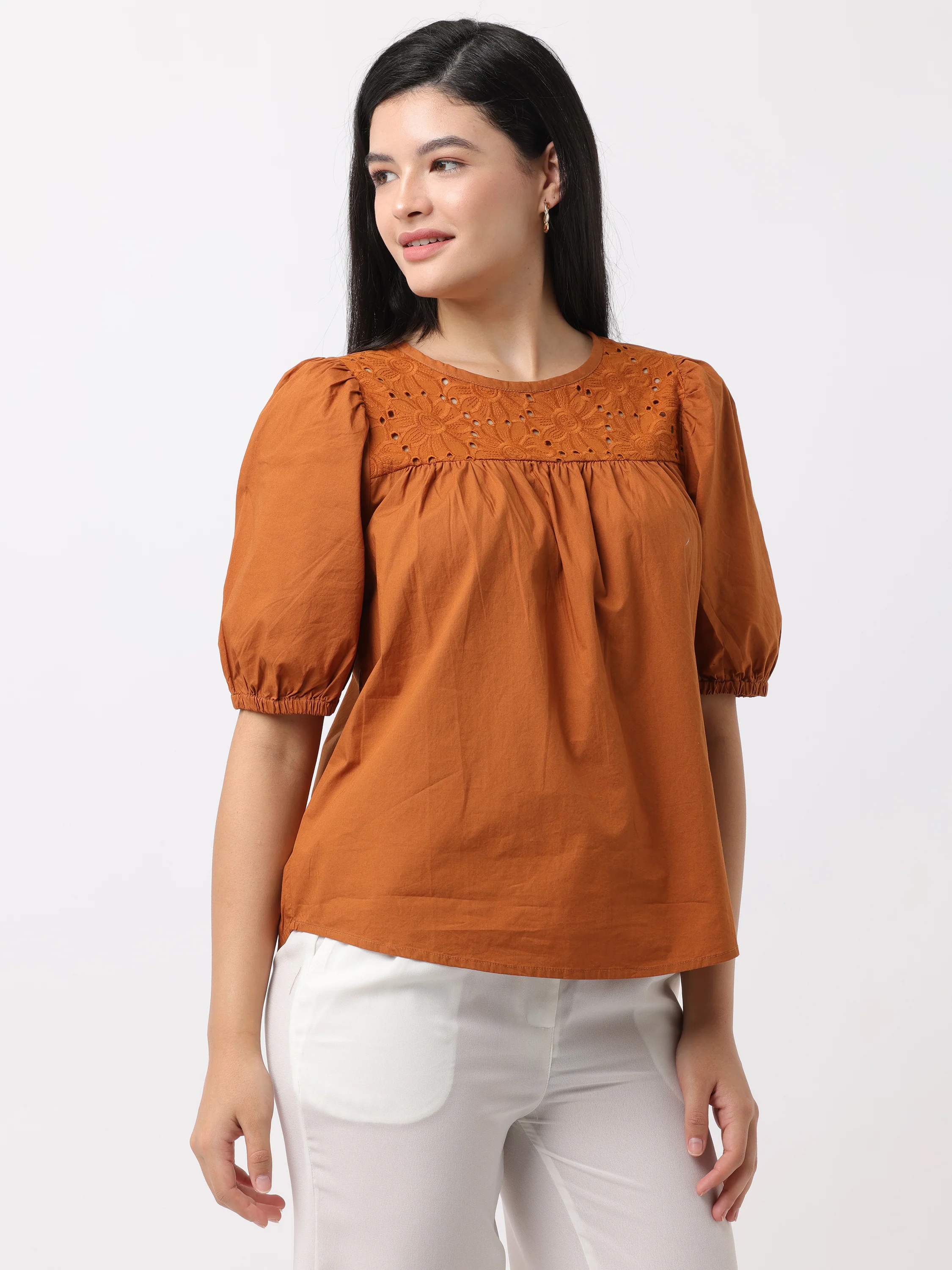 Women Brown Relaxed Fit Top with Schiffli Yoke