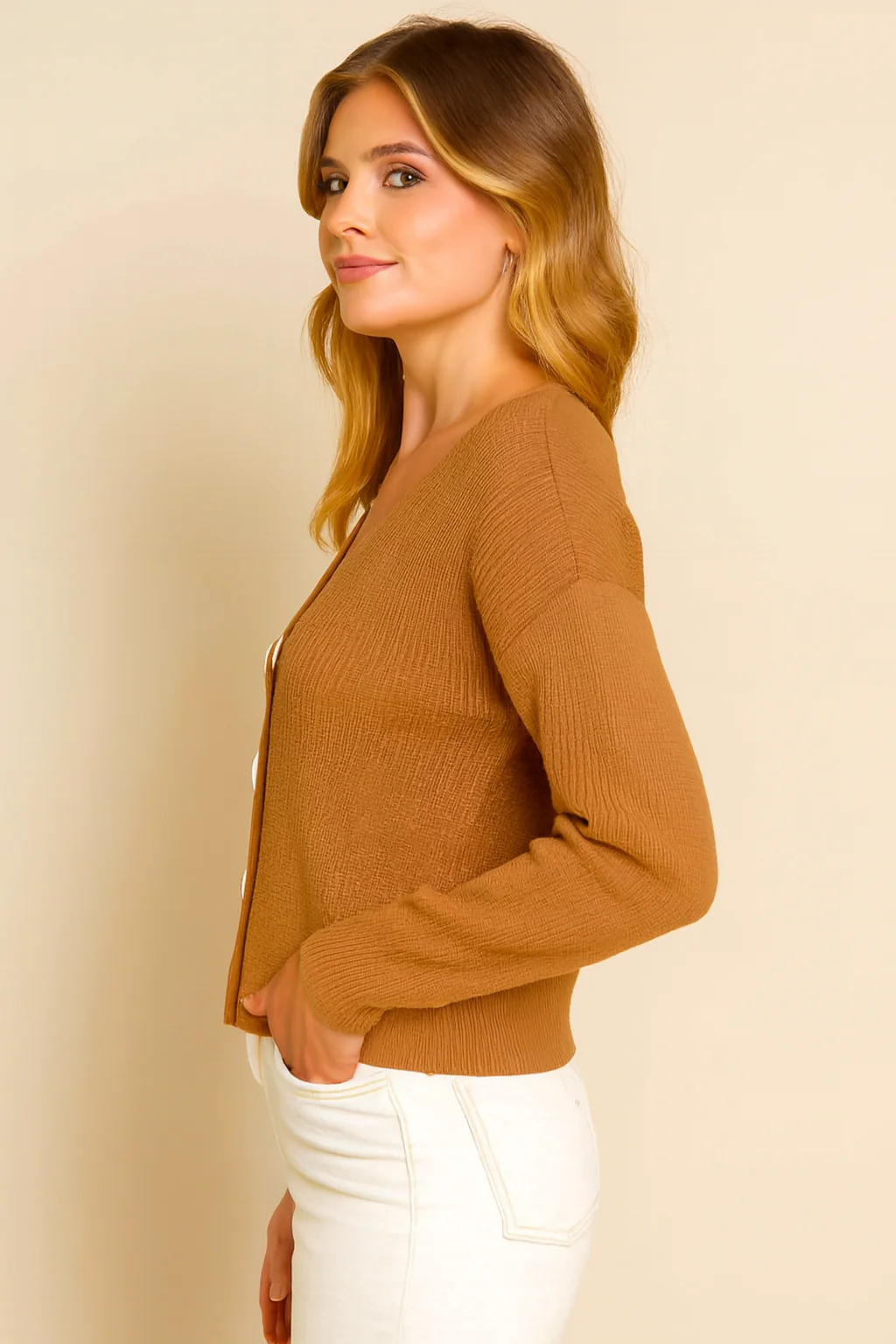 Women Brown V-Neck Button Down Sweater - Image 3