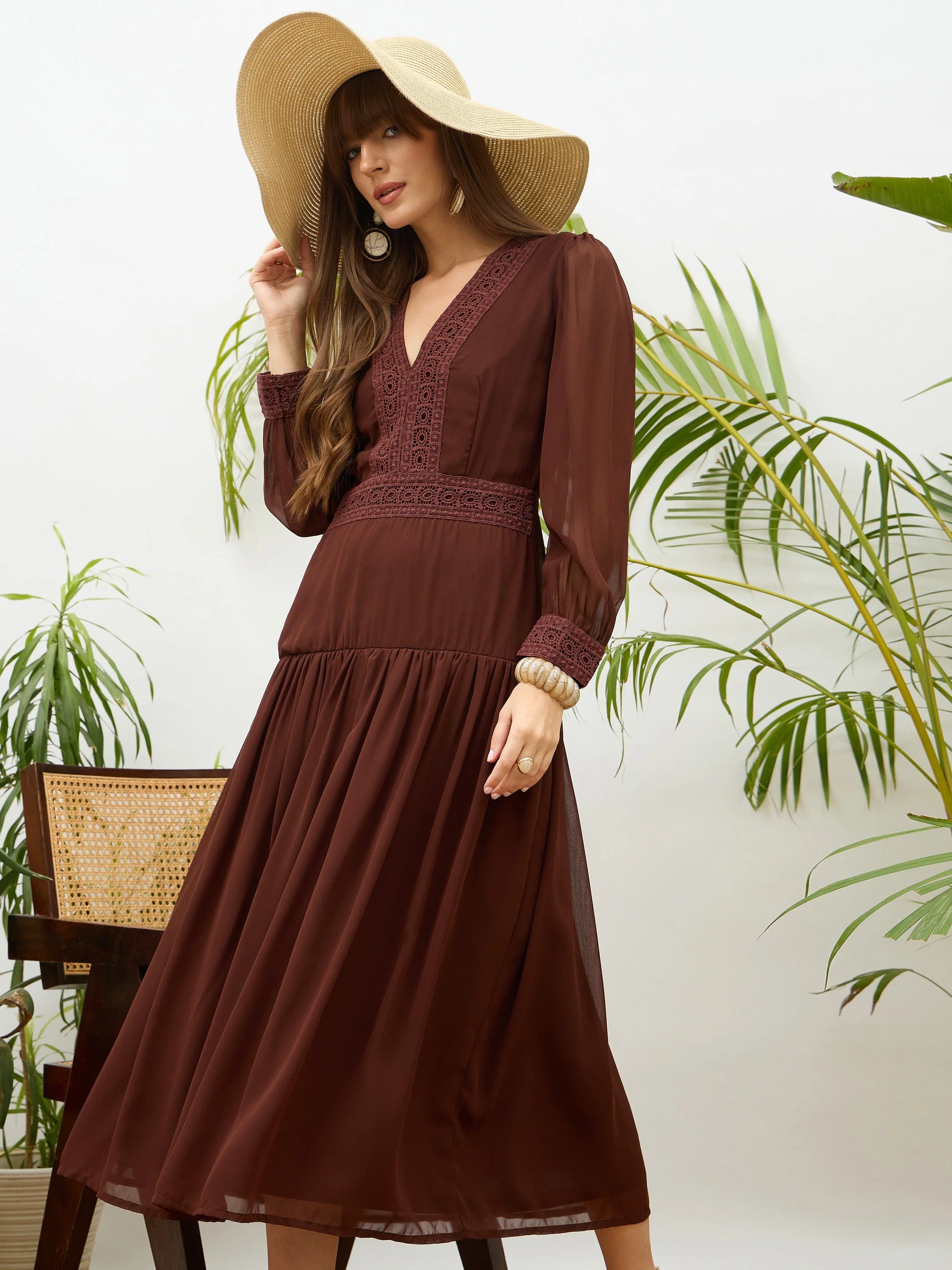 Women Brown V-Neck Lace Detail Maxi Dress