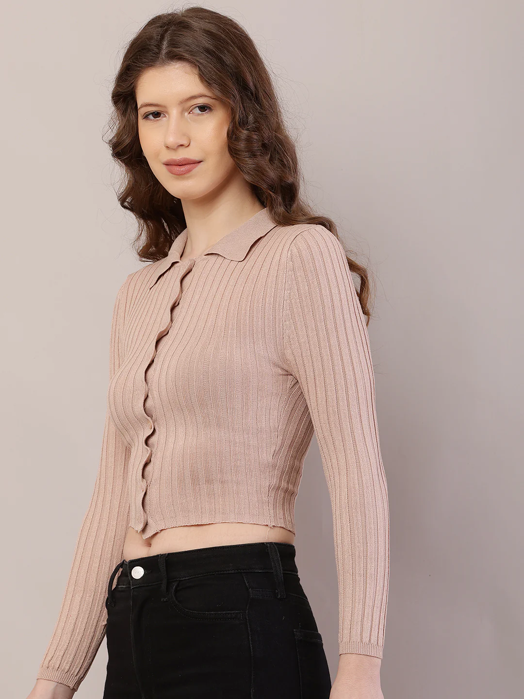 Women Brown Viscose Ribbed Shirt Collar Cardigan - Image 2
