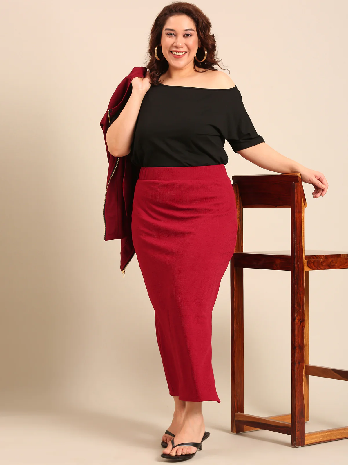 Women Burgundy Slit Skirt - Image 7