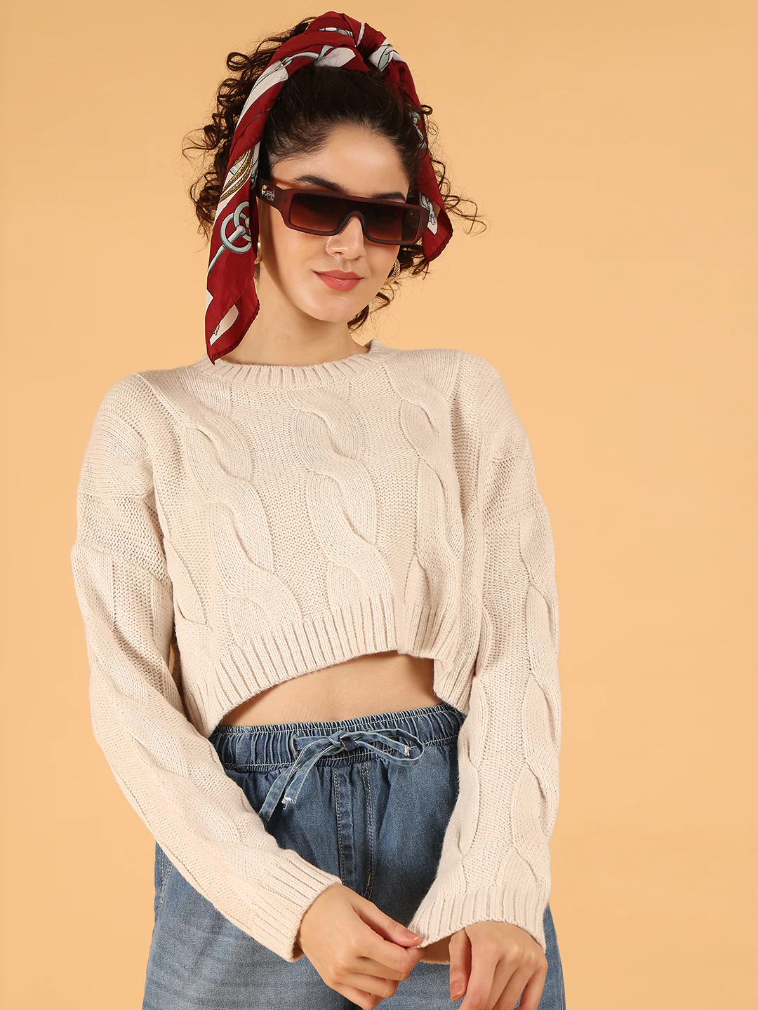 Women Cream Cable Knit Cropped Sweater - Image 2