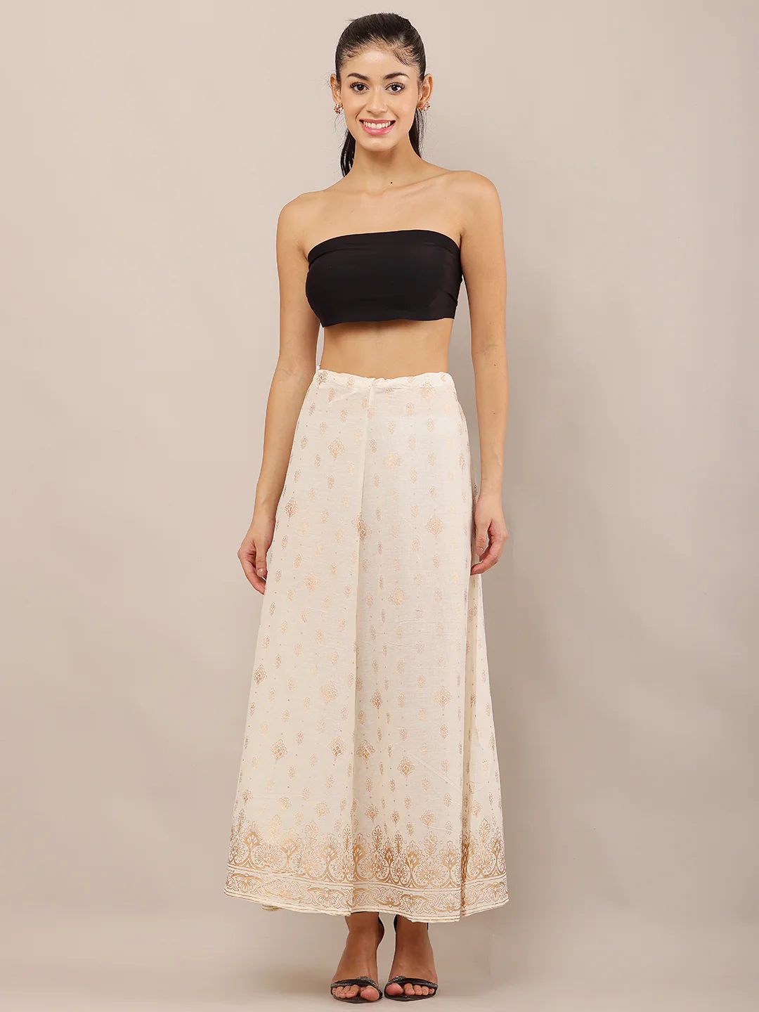 Women Cream Foil Printed Cotton Flared Skirt - Image 3