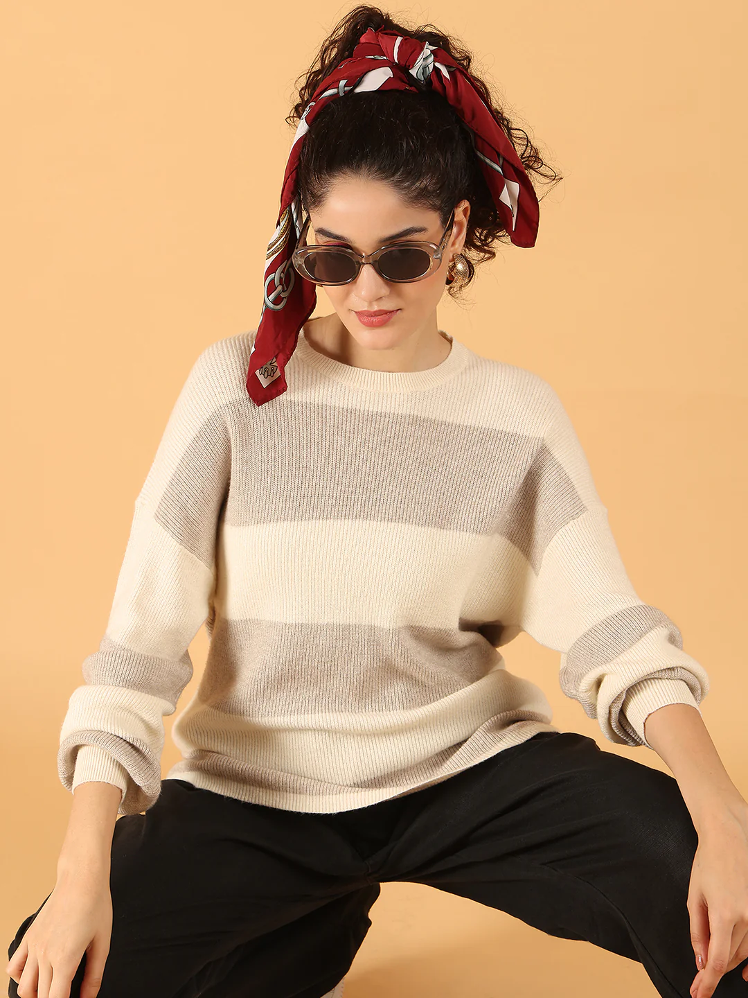 Women Cream & Grey Striped Knit Sweater - Image 2