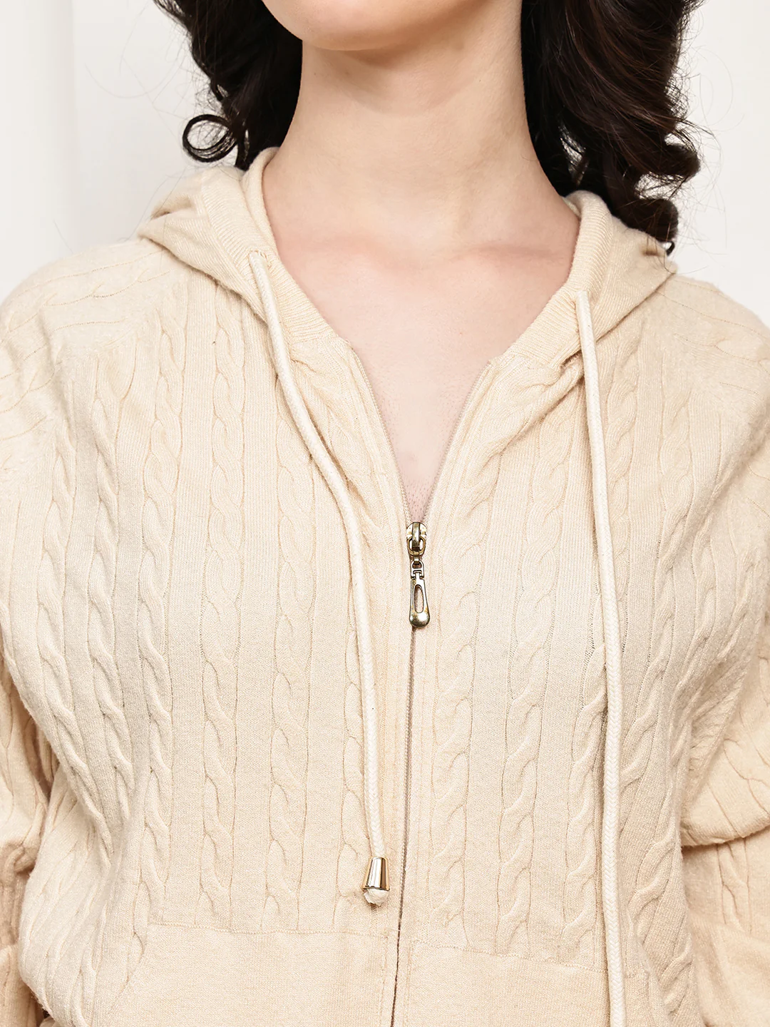 Women Cream Rayon Knit Zip-Up Hoodie - Image 3