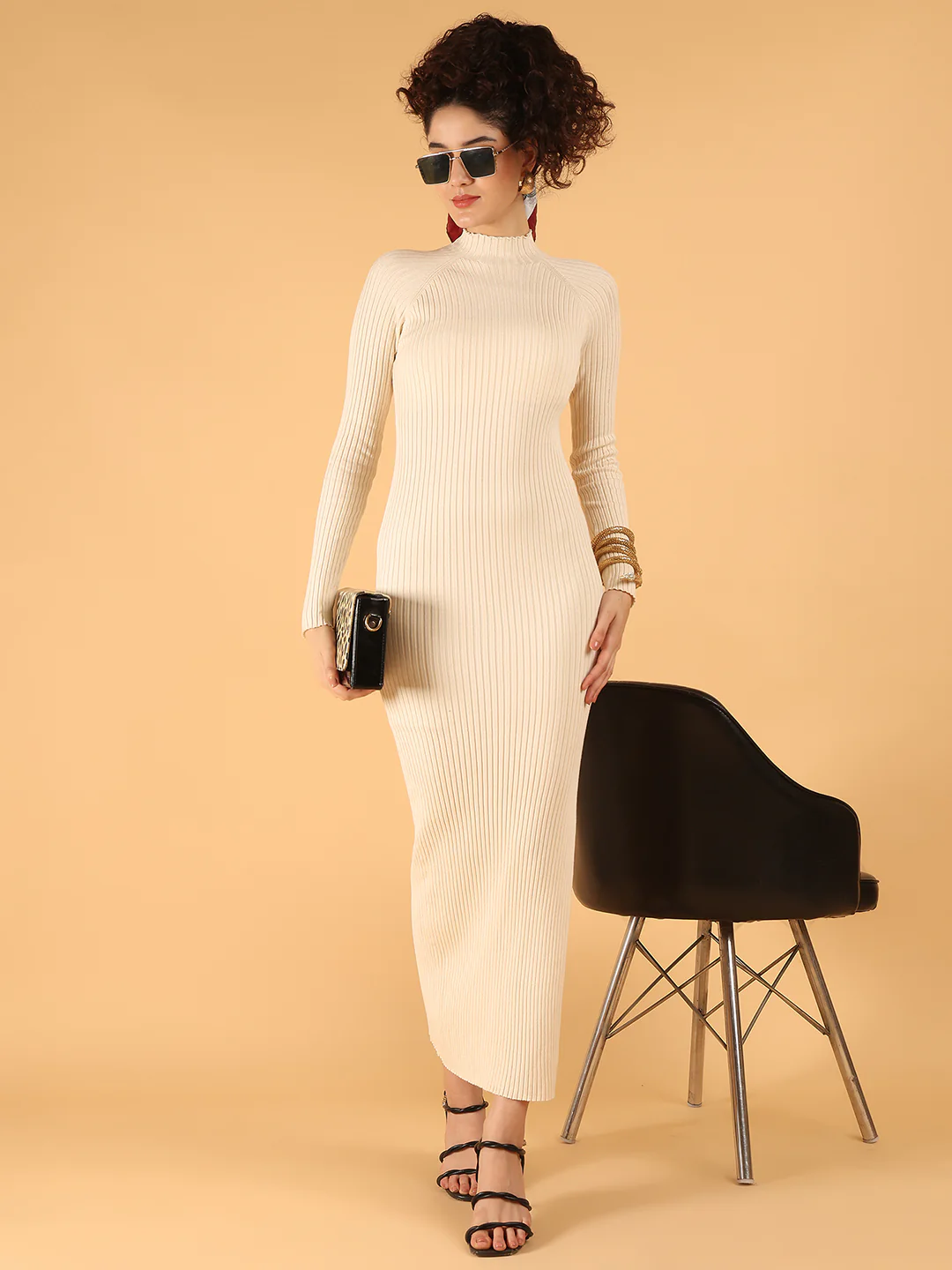 Women Cream Ribbed Midi Dress with Turtle Neck - Image 2