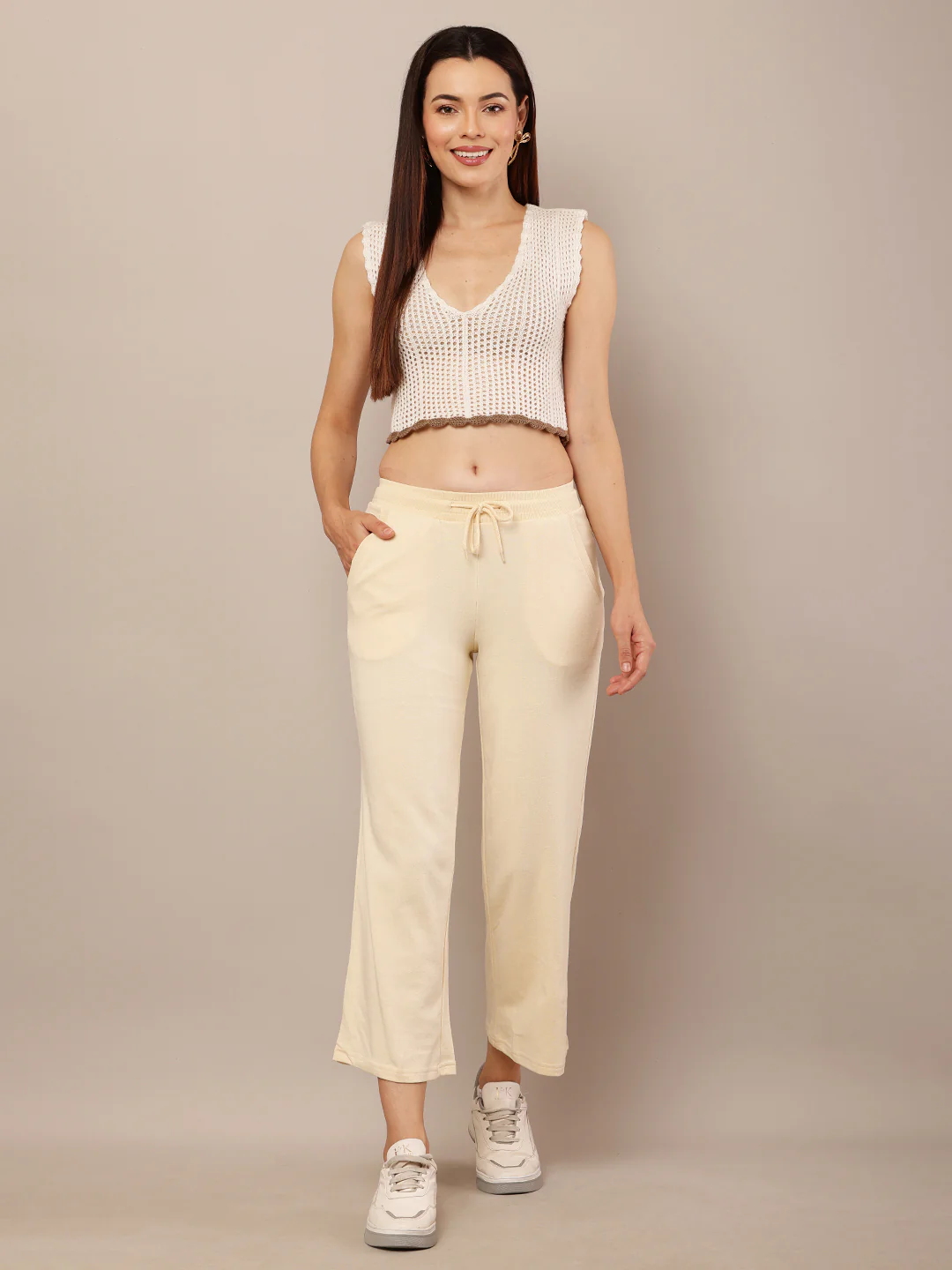 Women Cream Stretch Pants - Image 2