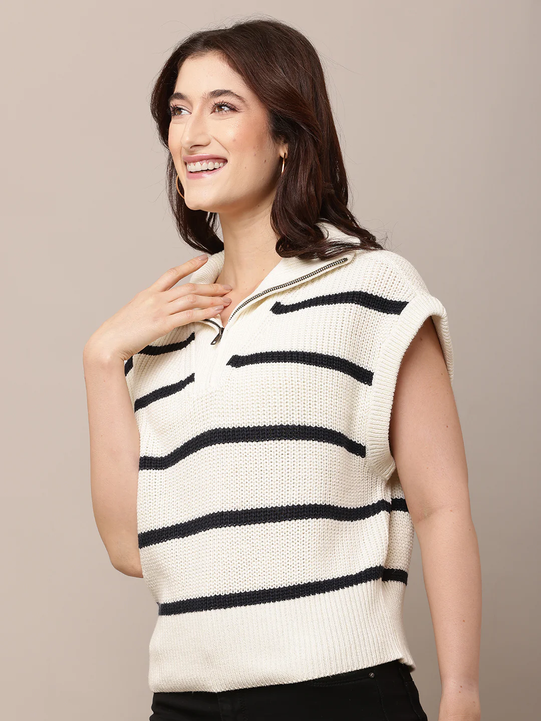 Women Cream Striped Sleeveless Knit Sweater - Image 2