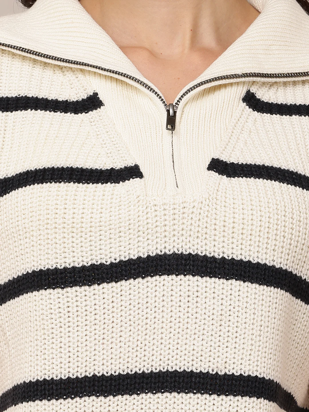 Women Cream Striped Sleeveless Knit Sweater - Image 5