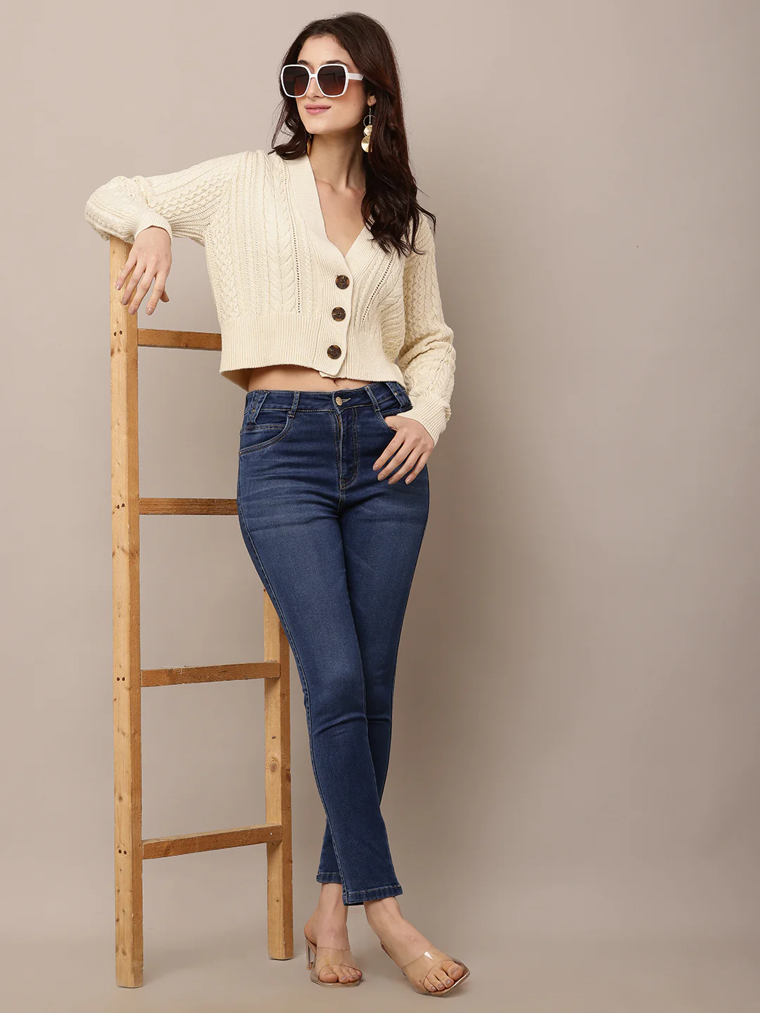 Women Cream V-Neck Cable Knit Cardigan - Image 3