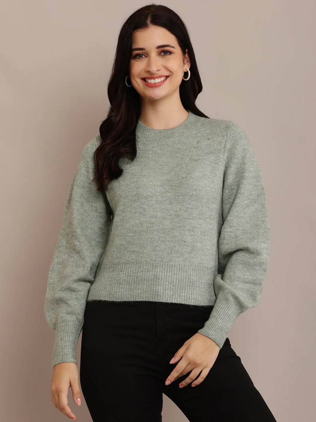 Women Crew Neck Green Sweater