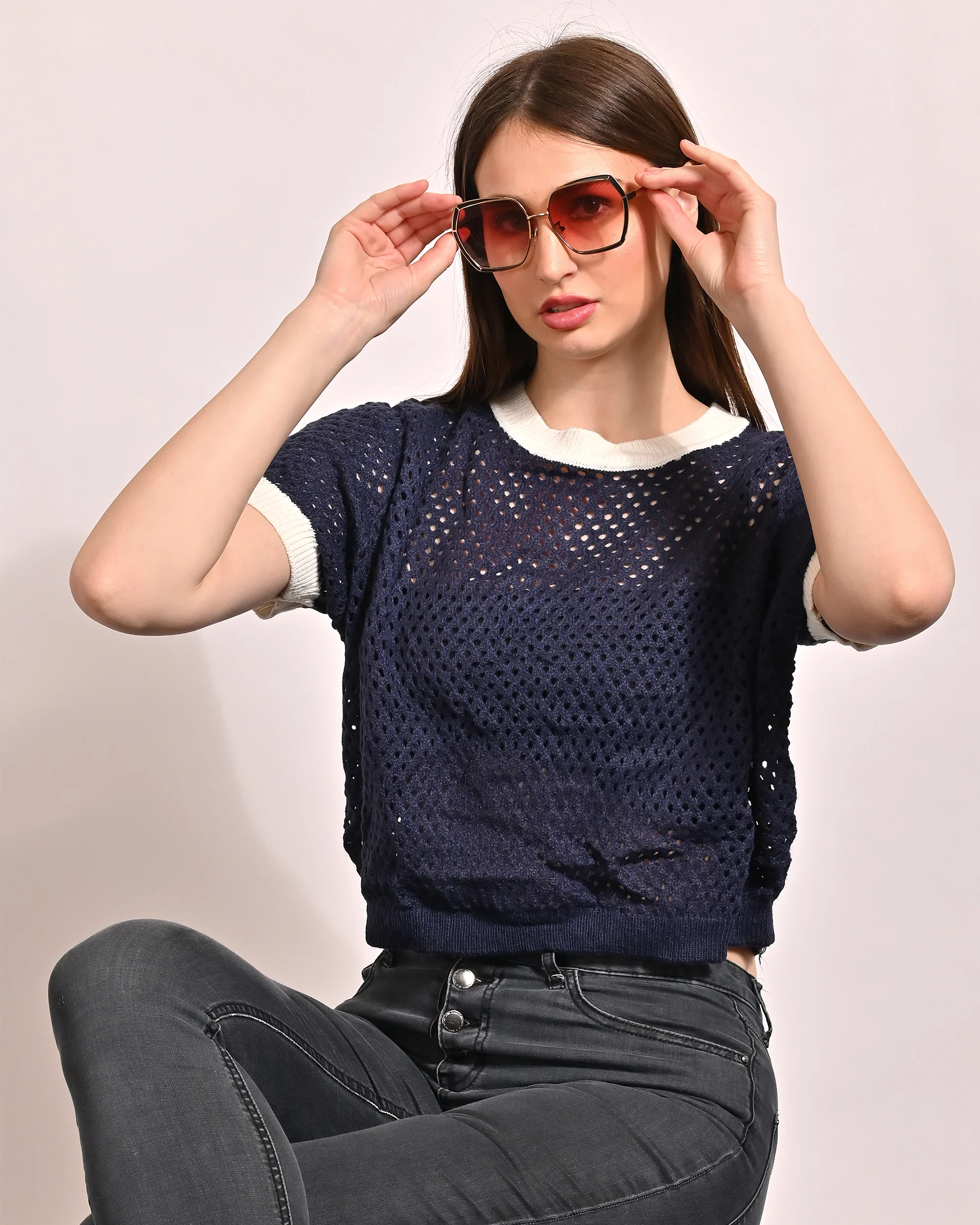 Women Dark Blue Crochet Mesh Top - Image 2