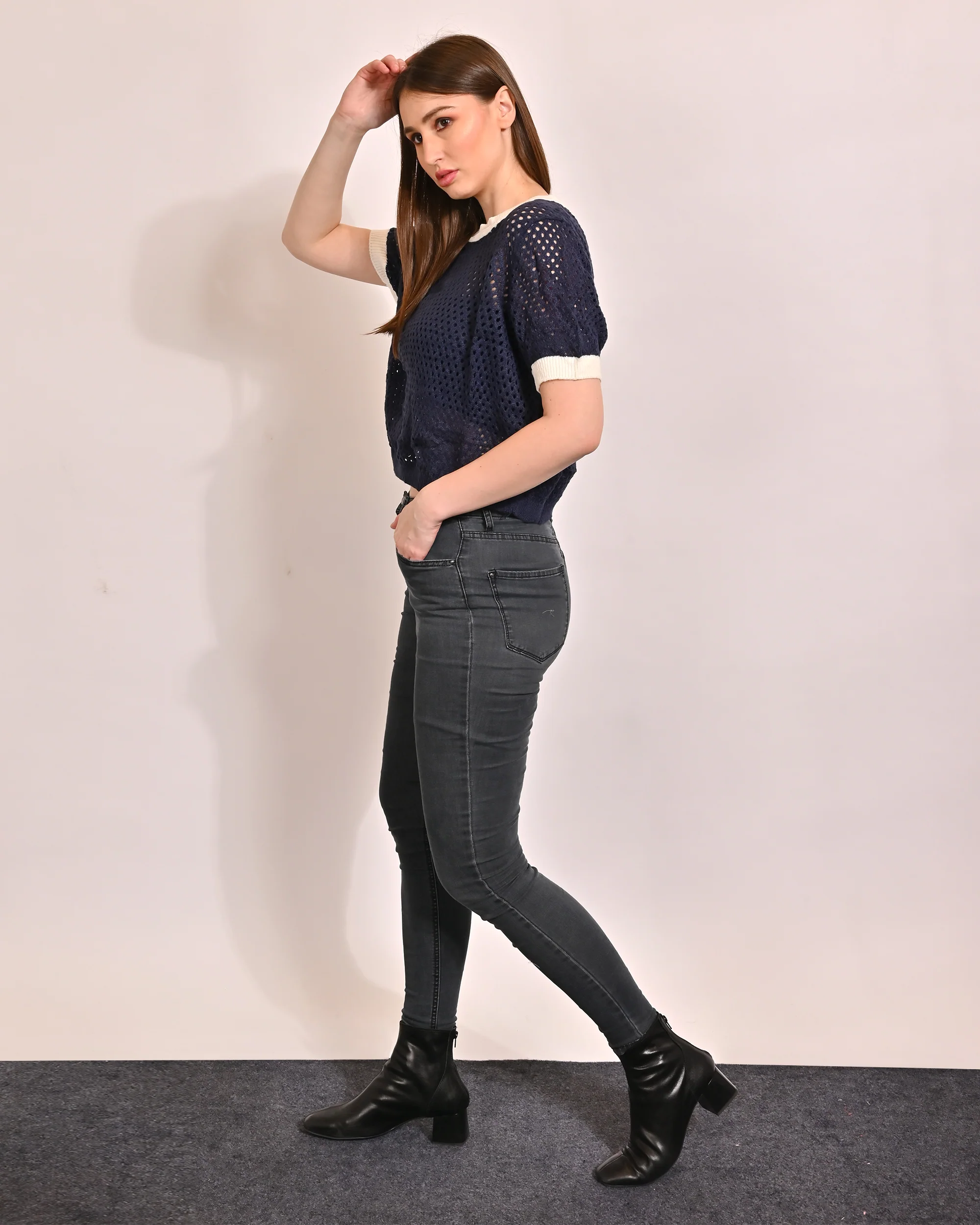 Women Dark Blue Crochet Mesh Top - Image 3