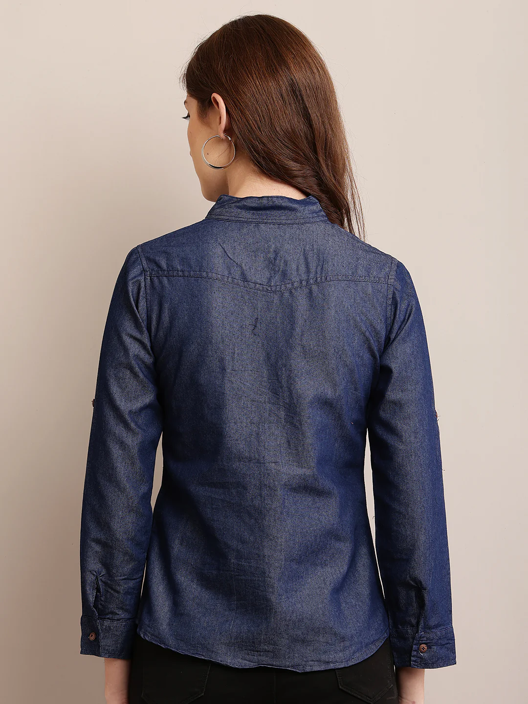 Women Dark Blue Denim Shirt - Image 5