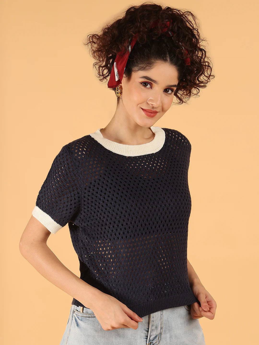 Women Dark Blue Open-Knit Short Sleeve Sweater - Image 2