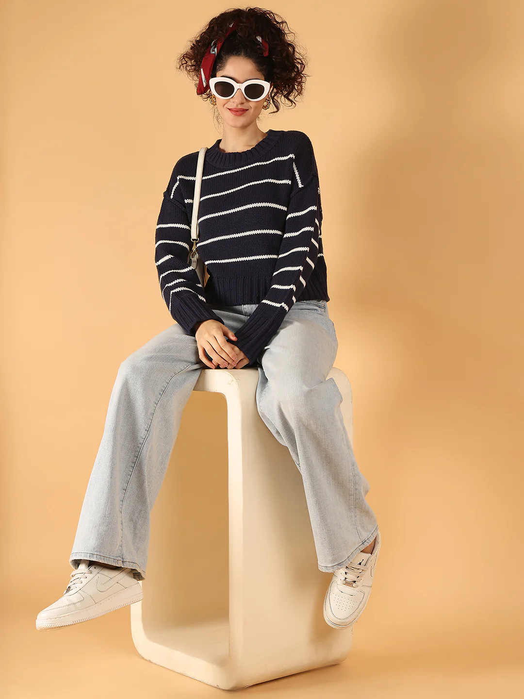 Women Dark Blue Striped Knit Sweater - Image 3