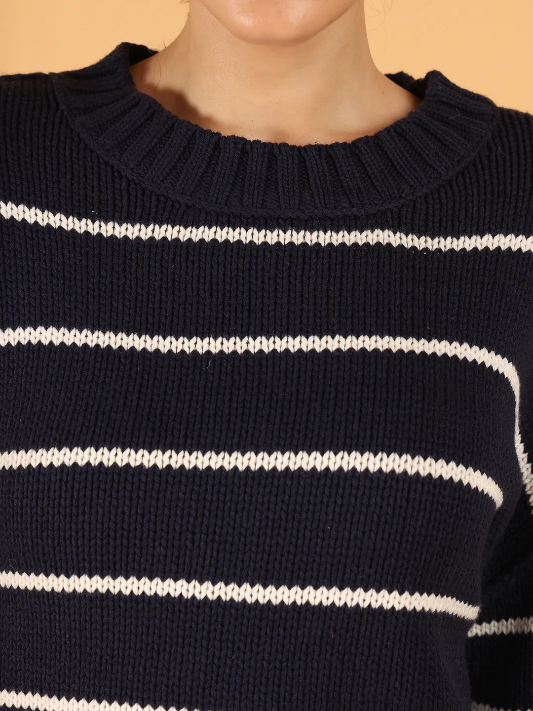 Women Dark Blue Striped Knit Sweater - Image 5