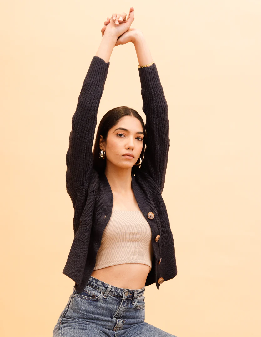 Women Dark Blue V Neck Cardigan - Image 3