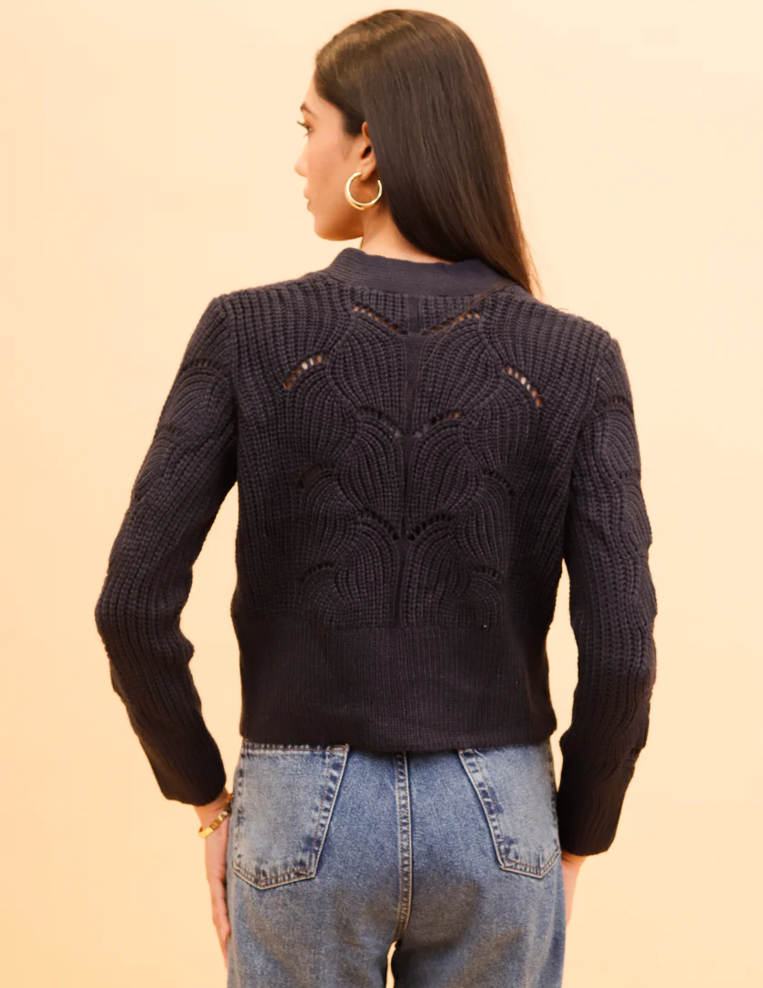 Women Dark Blue V Neck Cardigan - Image 4