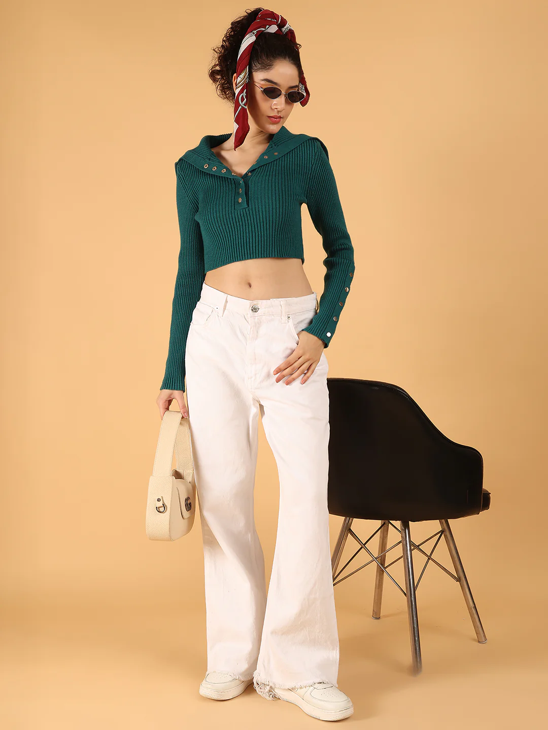 Women Dark Green Ribbed Buttoned Crop Sweater - Image 3