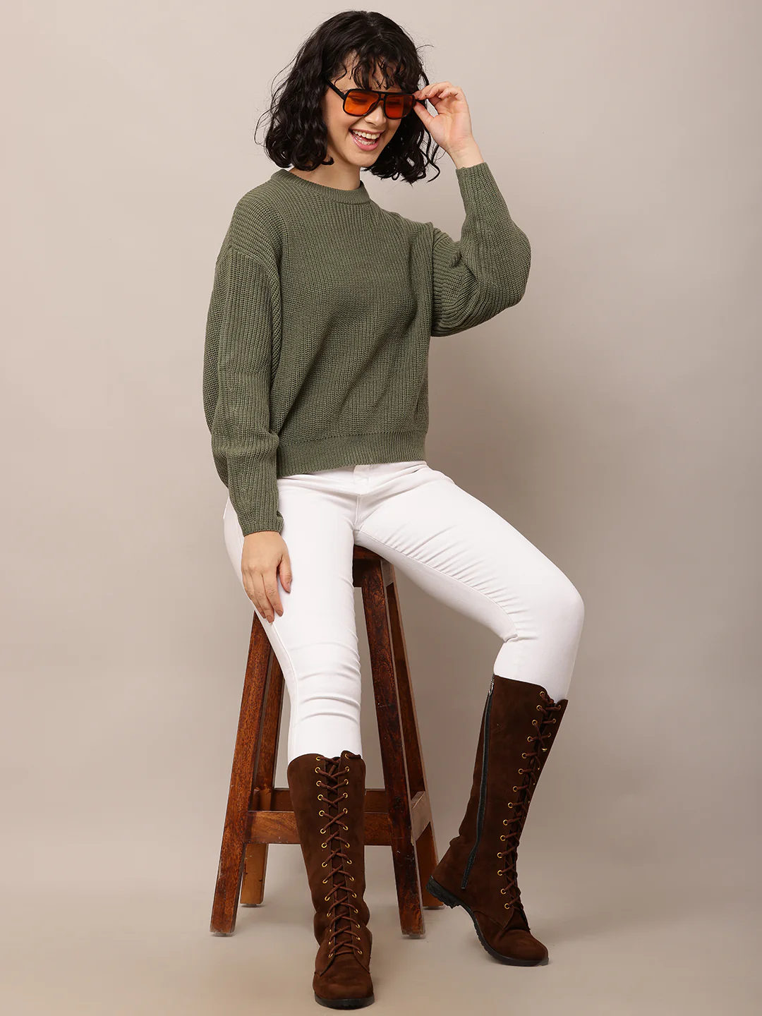 Women Dark Green Turtle Neck Acrylic Sweater - Image 3