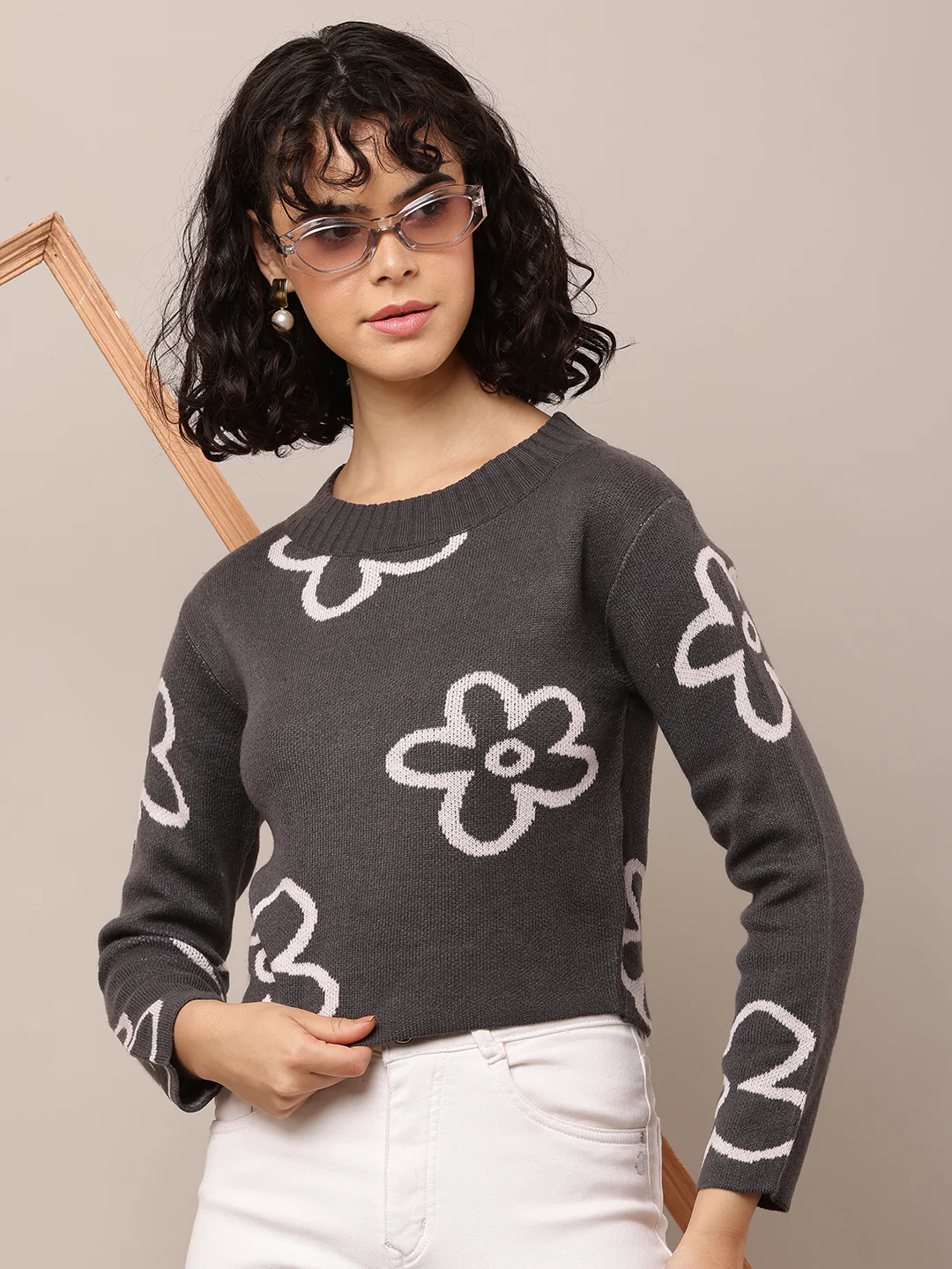 Women Dark Grey Floral Print Acrylic Sweater - Image 2