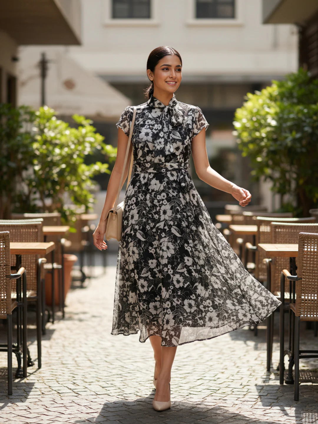 Women Floral Chiffon Flared Midi Dress