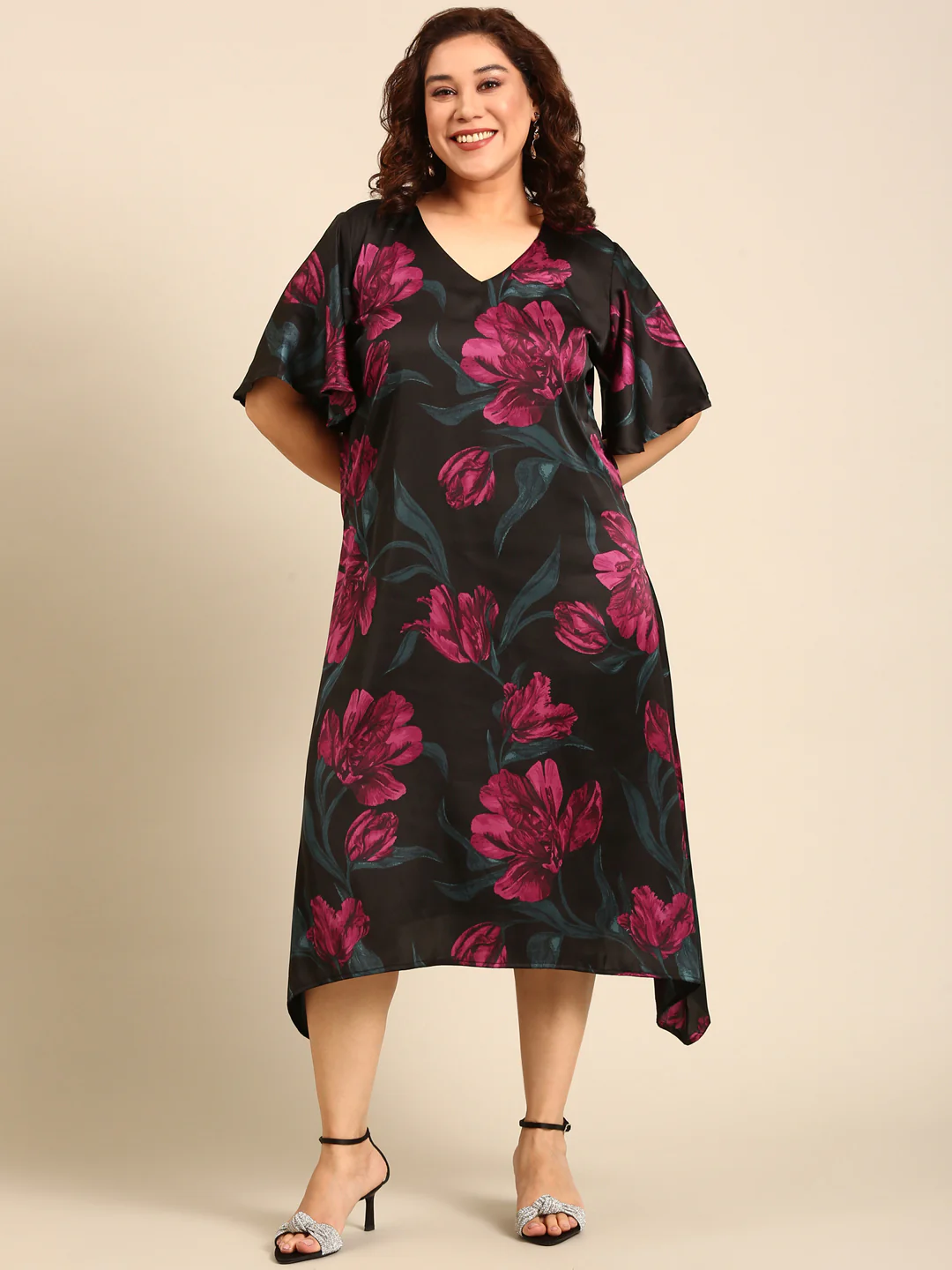 Women Floral Printed Satin A-Line Dress - Image 7