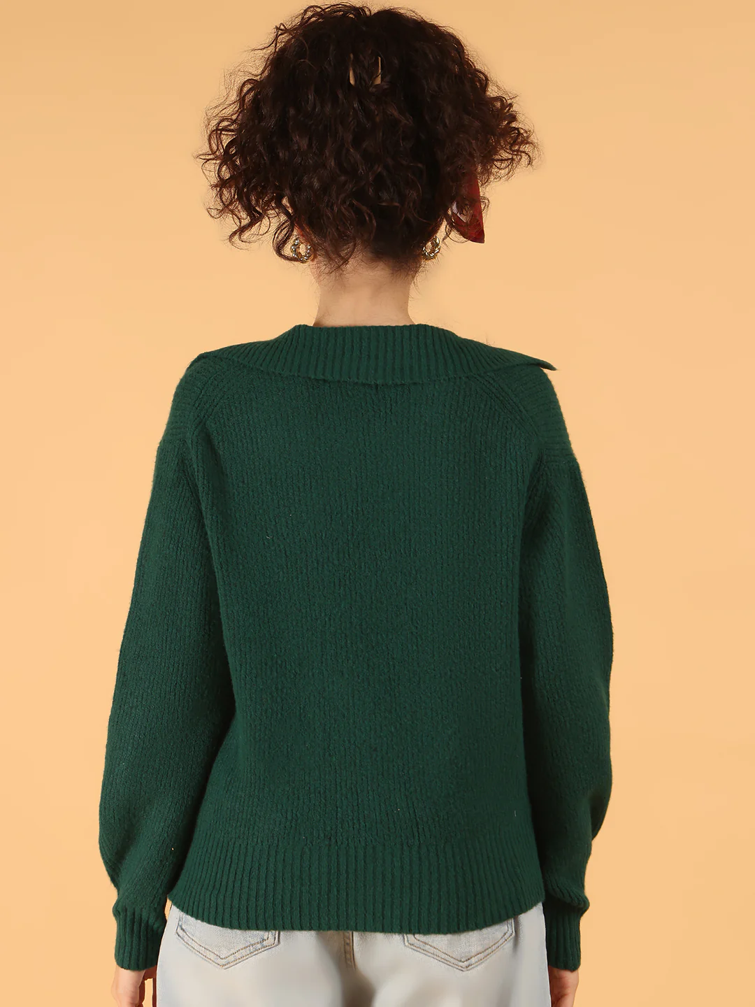 Women Forest Green Collared Knit Sweater - Image 4