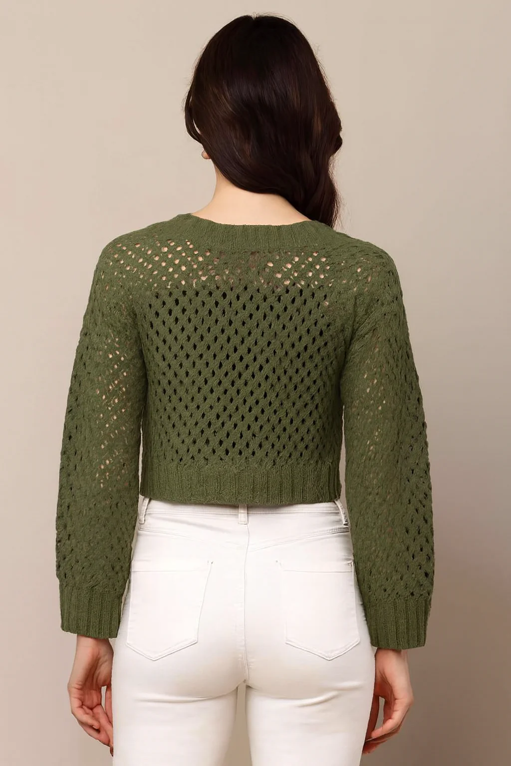 Women Green Acrylic Crop Sweater - Image 2