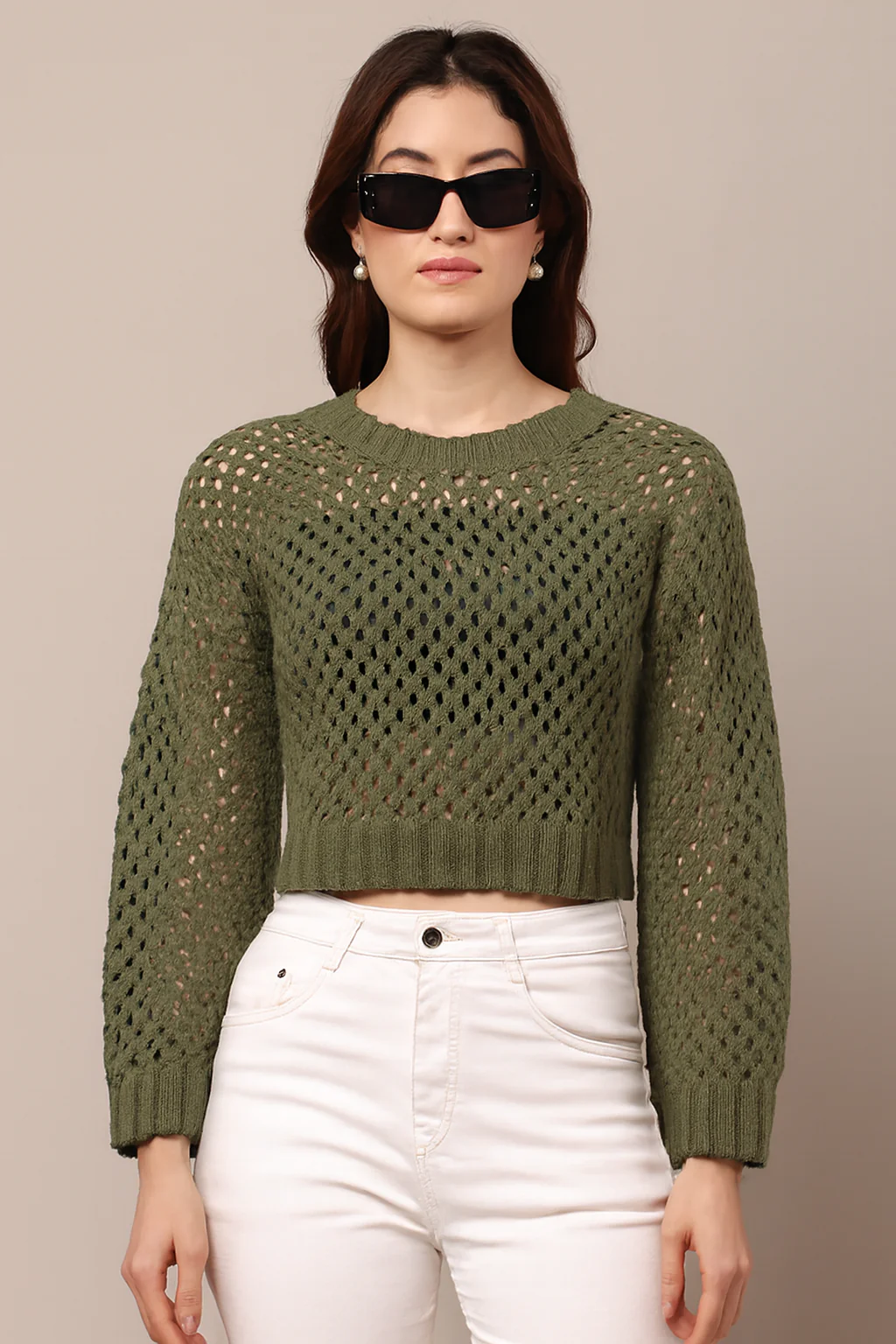 Women Green Acrylic Crop Sweater - Image 4